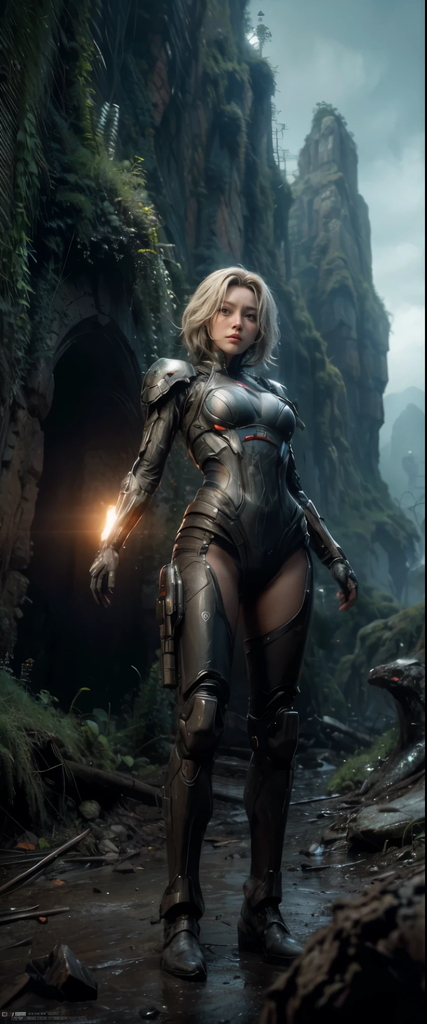 ((masterpiece, highest quality, Highest image quality, High resolution, photorealistic, Raw photo, 8K)), Ultra Wide Angle, Alien Landscap, A female stands next to an Alafedro robot on top of a hill, influenced by Stefan Koidl's background of discarded mechas. The art created by Craig Mullins, specifically in the style of Craig Mullins' Necro, portrays a detailed and futuristic science fiction scene. The emphasis is on SF concept art, with vivid colors and sharp focus. The overall lighting captures the essence of concept art in films,