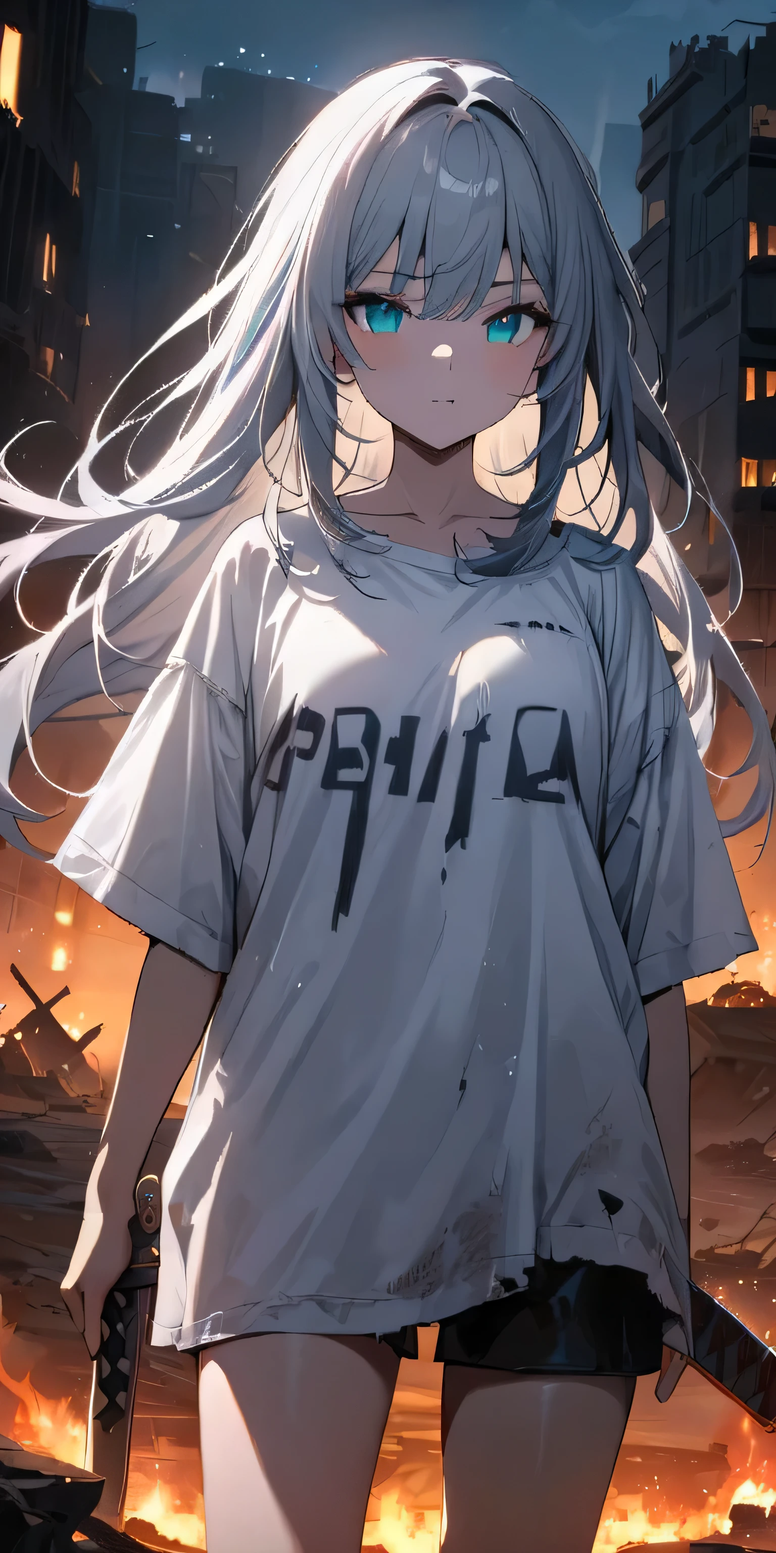 Resolution full, best quality, masterpiece, full HD, beautifull girl, foggy theme, super detailed, 1girl, cute girl, long hair, silver hair, detailed beautiful Aqua eyes, white T - shirt oversized, in wasteland, night time. in burning city and destroyed city. holding glowing katana, shadows surroundings girl, has a lighting power,