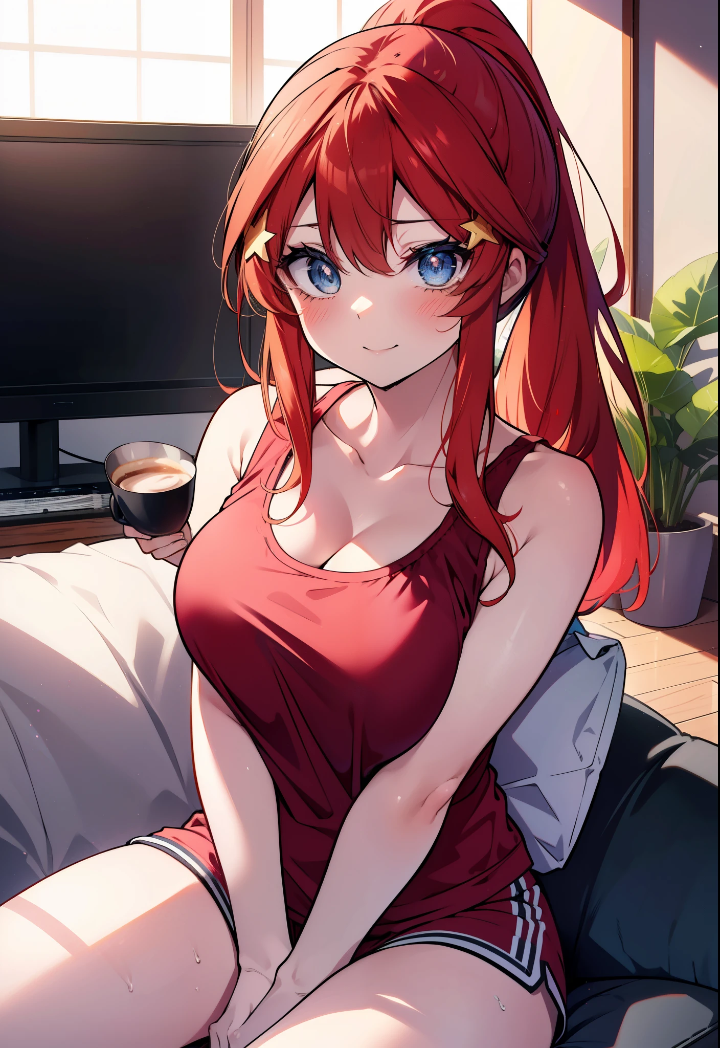 itsukinakano, itsuki nakano, bangs, blue eyes, hair between eyes, Ahoge, redhead, ponytail,big breasts,Red tank top shirt,sleepy,blush,smile,shorts,barefoot,sitting on the sofa,Holding a coffee mug in both hands,morning,morning日,ビルの間から太陽が登っている
break indoors, living,
break looking at viewer, (cowboy shot:1.5),
break (masterpiece:1.2), highest quality, High resolution, unity 8k wallpaper, (figure:0.8), (detailed and beautiful eyes:1.6), highly detailed face, perfect lighting, Very detailed CG, (perfect hands, perfect anatomy),