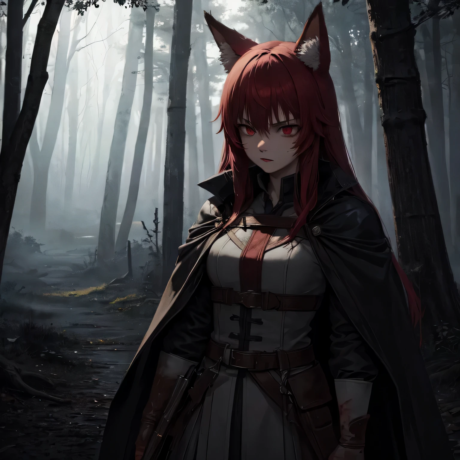 (ultra-detailed,highres,realistic:1.2),bloody -yeld assin girl with red hair and red eyes,fox ears, blood splatters on her face and clothes, wearing a black coat and cape in Van Helsing style. Detailed facial features include sharp eyes, intense gaze, red lips, and long eyelashes. The girl is standing in a dimly lit foggy forest, surrounded by tall, eerie trees with twisted branches. Rays of moonlight penetrate through the thick foliage, casting a haunting glow on the scene. The atmosphere is filled with suspense and danger. The girl holds a blood-stained silver dagger in her hand, reflecting the moonlight. Her posture shows confidence and determination, ready to strike her next target. The overall color tones are desaturated, with a focus on deep reds and contrast to enhance the darkness and intensity of the scene. The lighting is dramatic, with soft, diffused moonlight casting dramatic shadows on the girl and the surroundings.