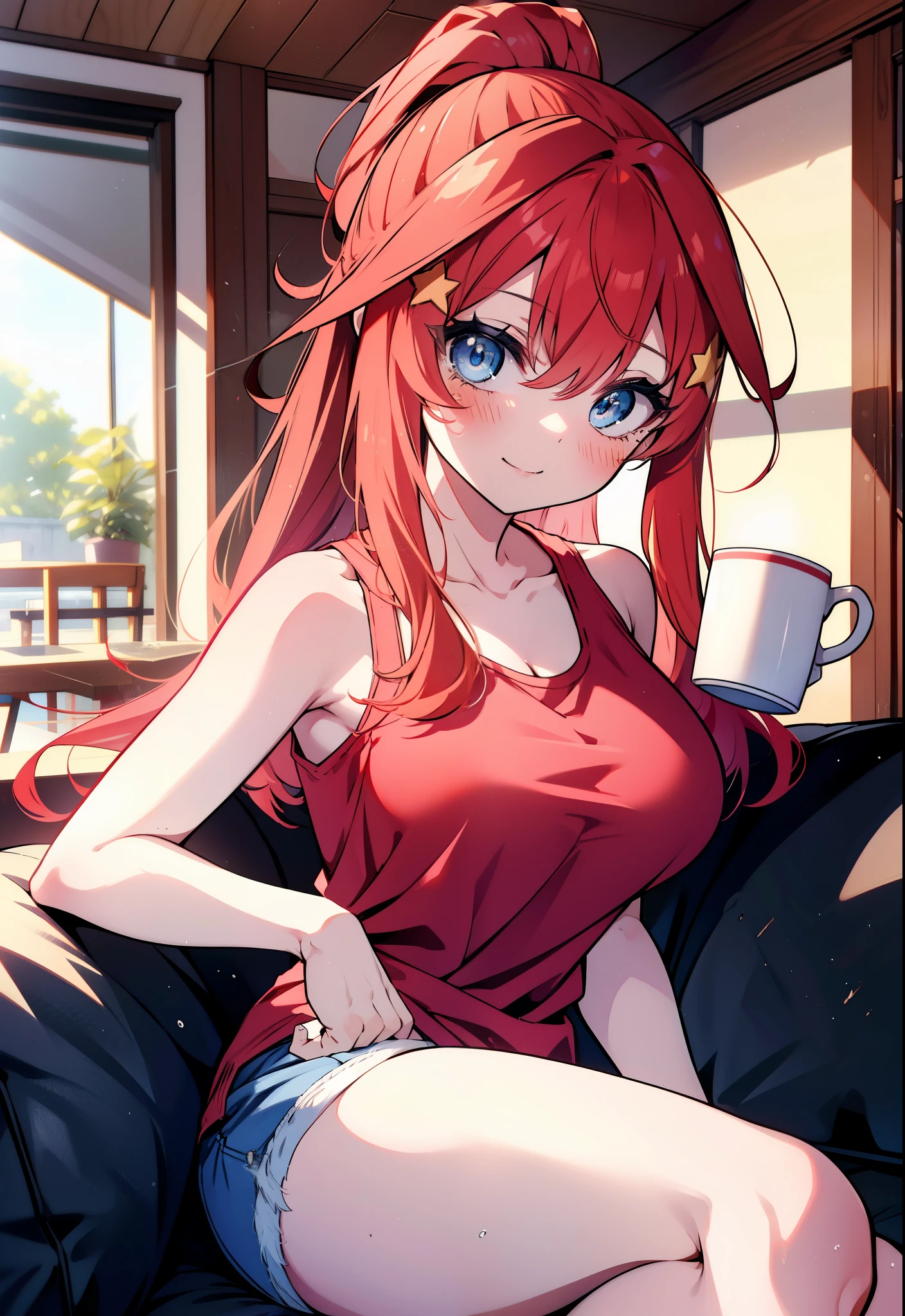 itsukinakano, itsuki nakano, bangs, blue eyes, hair between eyes, Ahoge, redhead, ponytail,big breasts,Red tank top shirt,sleepy,blush,smile,shorts,barefoot,sitting on the sofa,Holding a coffee mug in both hands,morning,morning日,ビルの間から太陽が登っている
break indoors, living,
break looking at viewer, (cowboy shot:1.5),
break (masterpiece:1.2), highest quality, High resolution, unity 8k wallpaper, (figure:0.8), (detailed and beautiful eyes:1.6), highly detailed face, perfect lighting, Very detailed CG, (perfect hands, perfect anatomy),