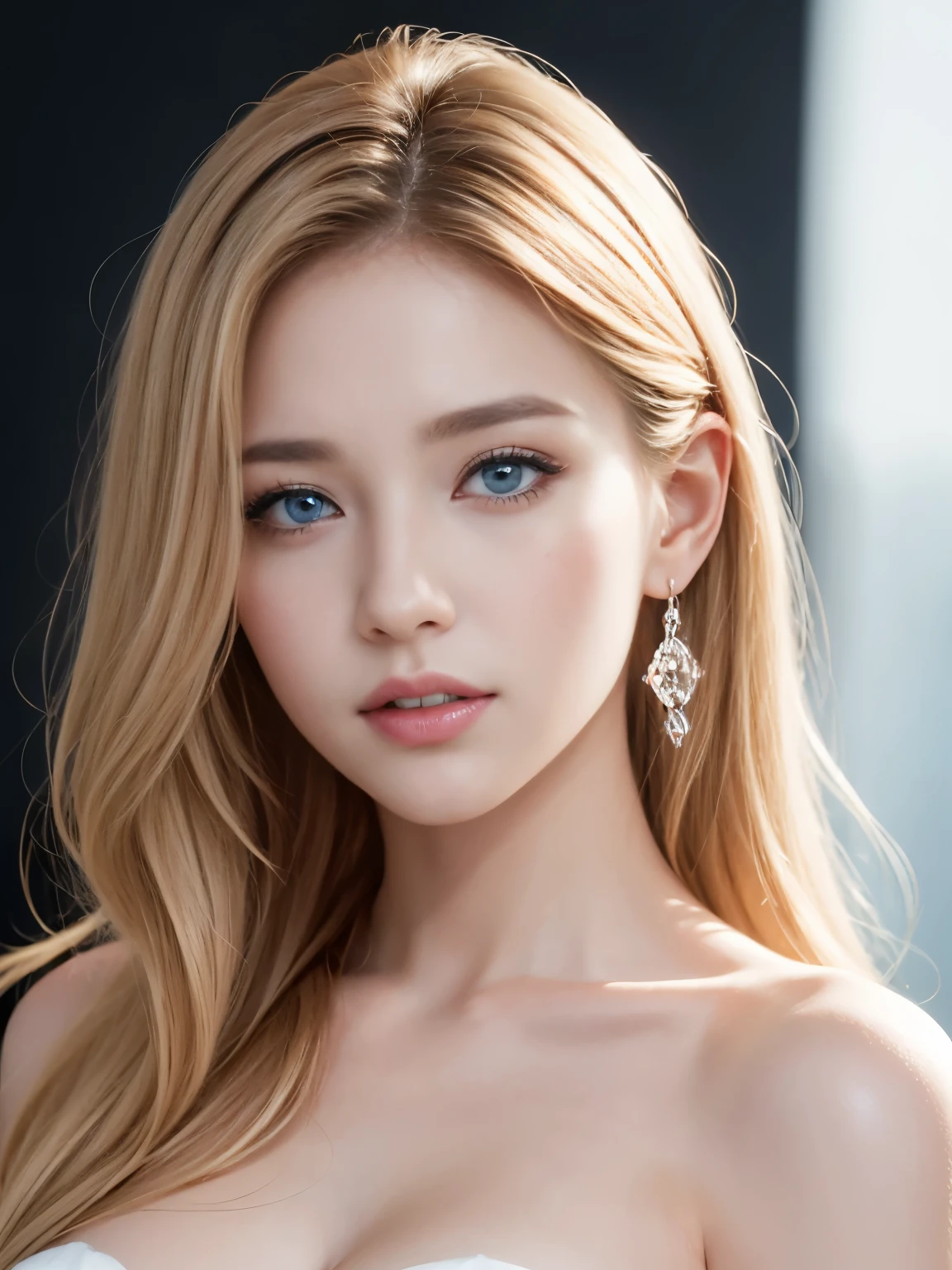 A woman of beauty in a fantastic space, 98k, {{Masterpiece}}, Best quality, High quality:1.4)，{{[[front look}}, eye_contact, a variety of poses)]], very pretty look face, and very pretty eyes, cute images, cute images, {{A half body}}, {{{{{{{{Long legs}}}}}}}}, {{{{slim sexy body}}}}, {{{{{{Tall woman}}}}}}, {{177 cm tall}}, Solo, Beautiful, Lovely, Adorable, Pale skin, look beautiful German girl and blue eyes or green eyes with platinum golden hair color), Nordic German young girl, {{{{{{{{{{half girl}}}}}}}}}}, {{{{{{{{{{High_Heels}}}}}}}}}}, Wavy hair, strapless Cinderella dress, earrings, princess, cleavages, necklace, large breasts, large lips, makeup, blush, castle hall, thick black eyebrows, tiara