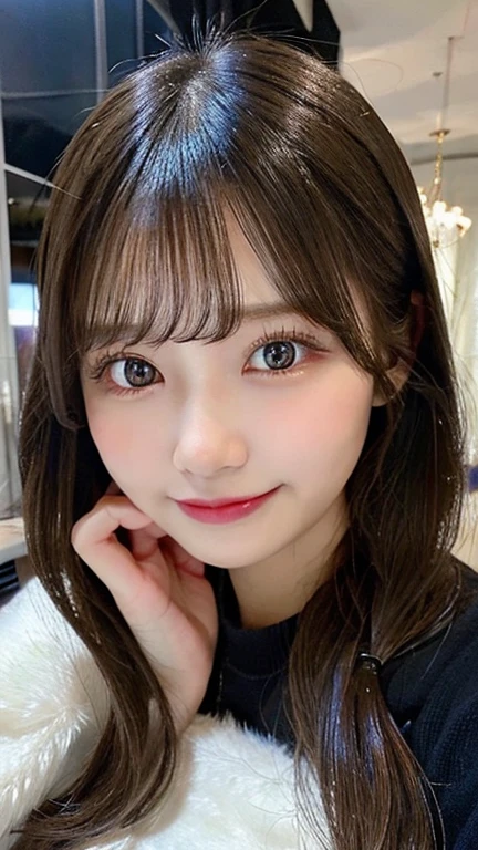table top, highest quality, figure, Super detailed, finely, High resolution, 8k wallpaper, 完璧なダイナミックな構figure, detailed and beautiful eyes, Gorgeous black fluffy Tokyo winter clothes,ランダムなcute髪,,natural color lip, bold sexy pose,smile、20 year old girl、cute、sexy shot looking at camera,常にblur the background,perfect and beautiful face,Take only the face,Beautiful and dense face、slim face and style,Big eyes、Do gal makeup、Living room of luxury designer tower apartment、blur the background、cute hairstyles、cuteポーズ、make a piece for the camera