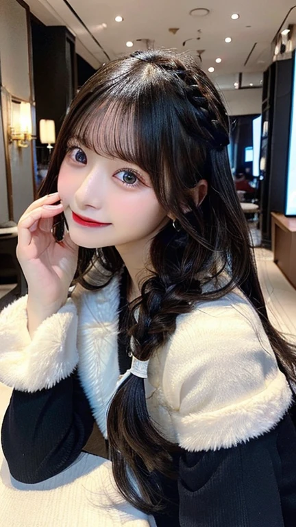 table top, highest quality, figure, Super detailed, finely, High resolution, 8k wallpaper, 完璧なダイナミックな構figure, detailed and beautiful eyes, Gorgeous black fluffy Tokyo winter clothes,ランダムなcute髪,,natural color lip, bold sexy pose,smile、20 year old girl、cute、sexy shot looking at camera,常にblur the background,perfect and beautiful face,Take only the face,Beautiful and dense face、slim face and style,Big eyes、Do gal makeup、Living room of luxury designer tower apartment、blur the background、cute hairstyles、cuteポーズ、make a piece for the camera