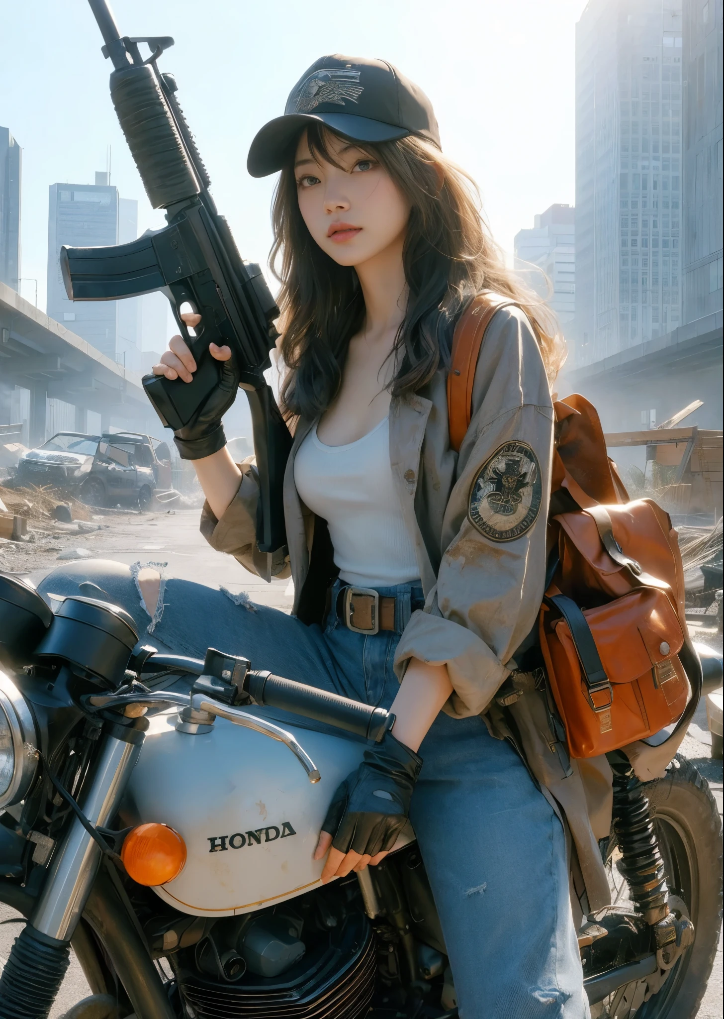 8K,realistic photo、realistic skin texture、A beautiful Japanese woman living in America rides a Honda motorcycle、Dirty long coat、Shotgun sling on shoulder、baseball cap、high cut sneakers、Debris-strewn downtown、sunny、cool composition、