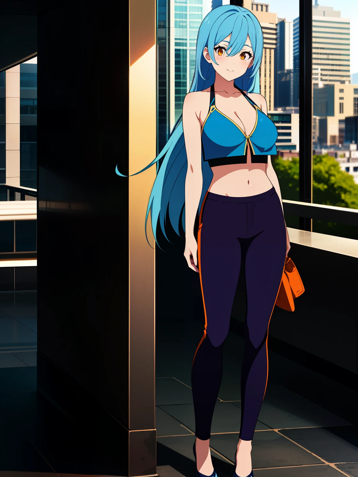(masterpiece),(ultra-detailed), (high quality), (high resolution), (best quality:1.5, highres, UHD), highres, absurdo, ultra detail, ultra quality, ((2heads:1.5)), 1girl, (long hair), ((light blue hair color)), ((orange eyes)), (purple pants), ((cheerful)), ((air-headed)), ((mature woman)), smooth and lustrous skin, ((beautifully tall and slim woman)), futuristic city, gentle smile, city background, ((side bang)), revealing clothes, open v chest clothes, anime full body illustration, female outfit, ((wearing a blue sexy cropped top)), single character full body, anime vtuber full body model, female anime character, wearing casual clothes, blue jacket over bare torso, full body details, detailed eyes
