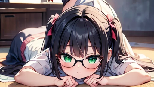 highest quality,wonderful,finely,extremely detailed CG unity 8k wallpaper,written boundary depth,1 girl, big breasts,(top-down bottom-up:1.3), black hair, glasses, green eyes,twin tails,full body, highest quality,Super detailed,unity 8k wallpaper,game CG,