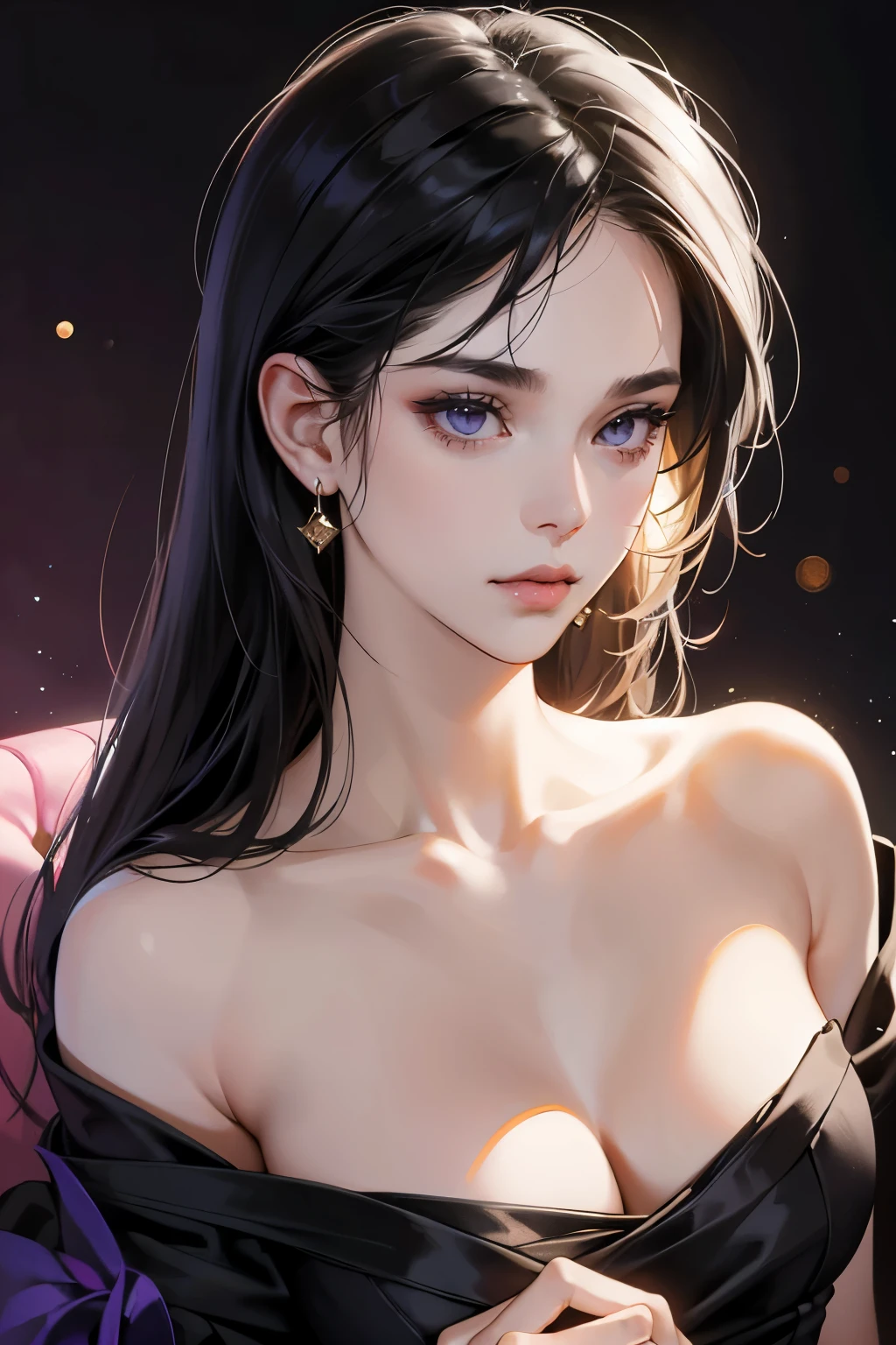 (detailed lips), (realistically:1.37), Black hair, purple dress, sad face, Looking at the camera, upper body, simple background, (Studio lighting), (Focus sharp), (HighDynamicRange), (bokeh), (to contrast), (k hd:1.2),  (Elegant), (gracefulness), (youthful), (posh), (Complex), (flawless perfection), (tmasterpiece), (A high resolution), (Best quality, 4K, 8K), Alone, 18yo Girl.