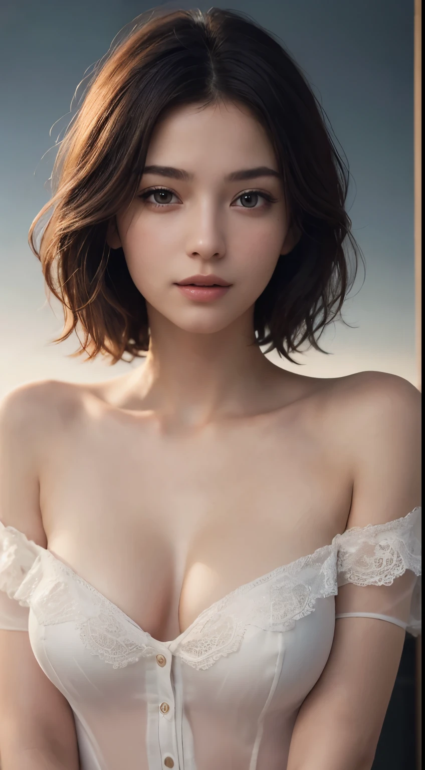 1girl, Extremely cute, amazing face and eyes, (extremely detailed beautiful face), (Ultra realistic), (highly detailed eyes, highly detailed hair, highly detailed face, highly detailed plump lips), (off shoulder), breasts, upper body, caute smile, (best quality:1.4), Raw photo, (realistic, photo-realistic:1.37), professional photography, cinematic light, Best quality, Masterpiece, (Realistic:1.2), 1 girl, Detailed face, Beautiful eyeasterpiece:1.2, Best quality), (fine detailed beautiful eyes: 1.2), (Extremely detailed Cg Unity 8K wallpaper, Masterpiece, Best quality, Ultra-detailed, Best shadow), (Detailed background), (Beautiful detailed face, Beautiful detailed eyes), High contrast, (Best illumination, An extremely delicate and beautiful),1girll,((colourful paint splashes on transparent background, Dulux,)), Dynamic Angle, beautiful detailed glow, full bodyesbian, Cowboy shot, White hair, Purple eyes, Best quality, Masterpiece, (Realistic:1.2), lotus flower, Glowing, In the night sky, Full of stars, The is very detailed, Ultra-high resolution, Ultra-high quality, (photograph:1.2)、(photorealistic:1.3)、(masterpiece:1.3)、(Highest image quality:1.4)、ultra high resolution、(detailed eyes)、(detailed facial features)、(Detailed garment features)、8K resolution、solo focus、30 year old mature woman、small face、no makeup、Detailed beautiful eyes、bangs、dark brown hair、short cut hair、(realistic skin)、beautiful skin、charming、ultra high resolution、Super realistic、High definition、Camisa branca aberta,middlebre、small breasts、bust B cup、small breasts、cool beauty、