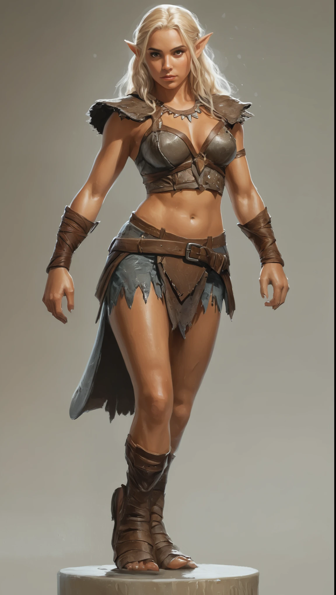 An illustrated movie poster, hand-drawn, full color, a teenage elven girl, wearing a ratty tunic, sun-tanned complexion, very tall, athletic body, hourglass figure, curvy, slightly chubby, bottom-heavy, generous hips, massive bubble-butt, long legs, ridiculously thick powerful thighs, amber brown eyes, long pointy elf ears, platinum blonde hair, long loose waves, posing on a pedestal, wet glistening skin, hard shadows, graphite shading, stencil marks, airbrushed acrylic paint, masterpiece, in the style of Conan the Barbarian