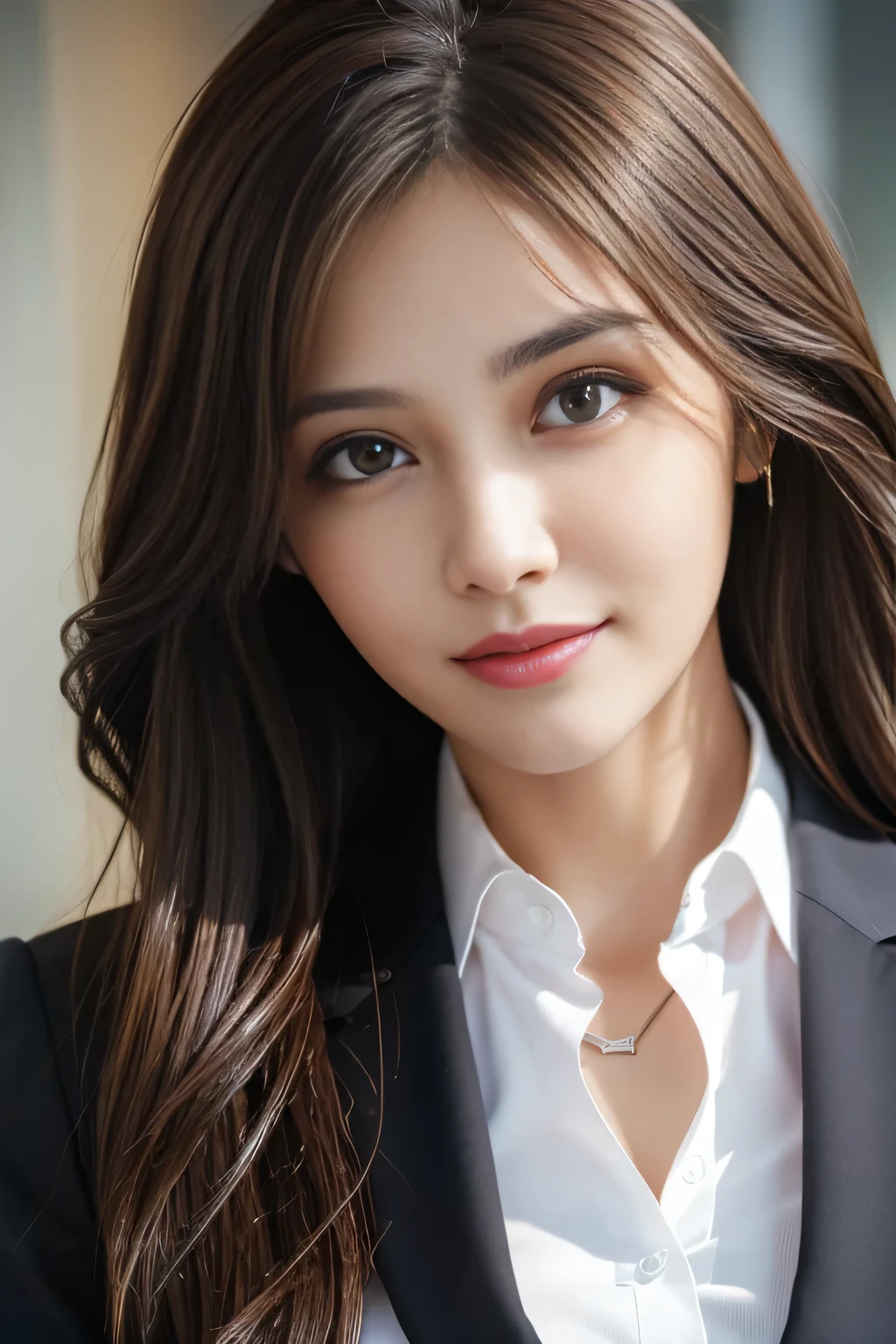 table top, highest quality, realistic, Super detailed, finely, High resolution, 8k wallpaper, 1 beautiful woman,, light brown messy hair, wearing a business suit, sharp focus, perfect dynamic composition, beautiful and detailed eyes, thin hair, Detailed realistic skin texture, smile, close-up portrait, model body shape