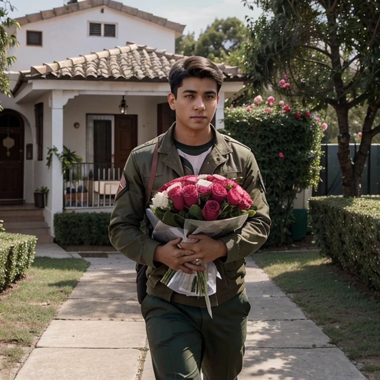 Joven militar con un ramo de rosas llegando a la casa de su novia