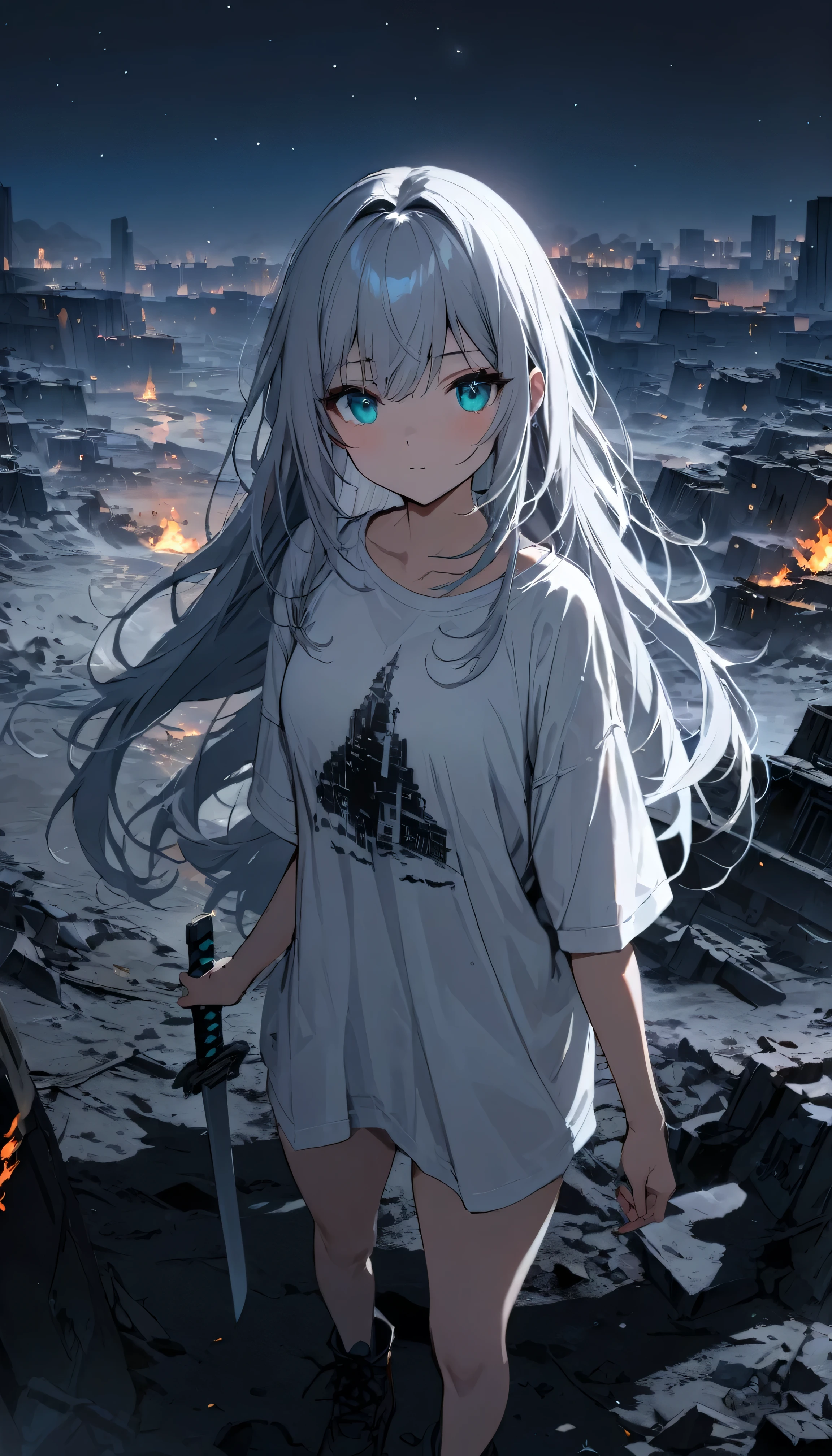 Resolution full, best quality, masterpiece, full HD, beautifull girl, foggy theme, super detailed, 1girl, cute girl, long hair, silver hair, detailed beautiful Aqua eyes, white T - shirt oversized, in wasteland, night time. in burning city and destroyed city. holding glowing katana, shadows surroundings girl, has a lighting power,