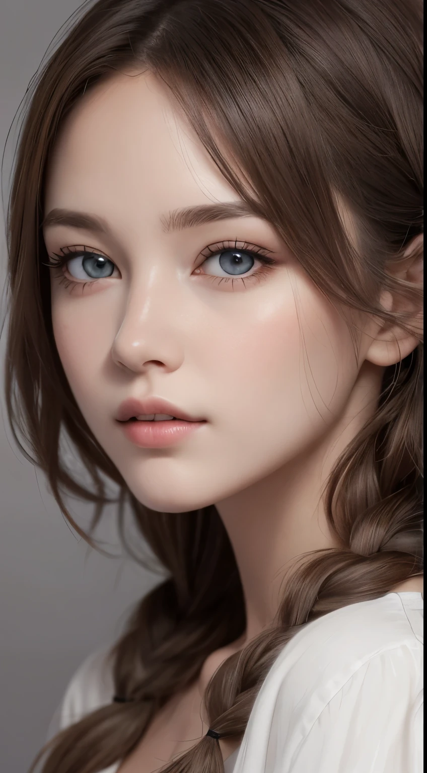 (photograph:1.2)、(photorealistic:1.3)、(masterpiece:1.3)、(Highest image quality:1.4)、ultra high resolution、(detailed eyes)、(detailed facial features)、(Detailed garment features)、8K resolution、solo focus、26 year old mature woman、small face、no makeup、Detailed leal beautiful eyes、bangs、blonde hair、long cut hair, braided hair、(realistic skin)、beautiful skin、charming、ultra high resolution、Super realistic、High definition、Camisa branca aberta,middlebre、small breasts、bust B cup、small breasts、cool beauty、Gray background、cinematic lighting、perfect、soft light、High resolution skin:1.2、realistic skin texture、26 years old mature woman、small face、no makeup、Bust B Cup、Detailed beautiful brown eyes、short hair、dark brown hair、Cool beauty、gray background
