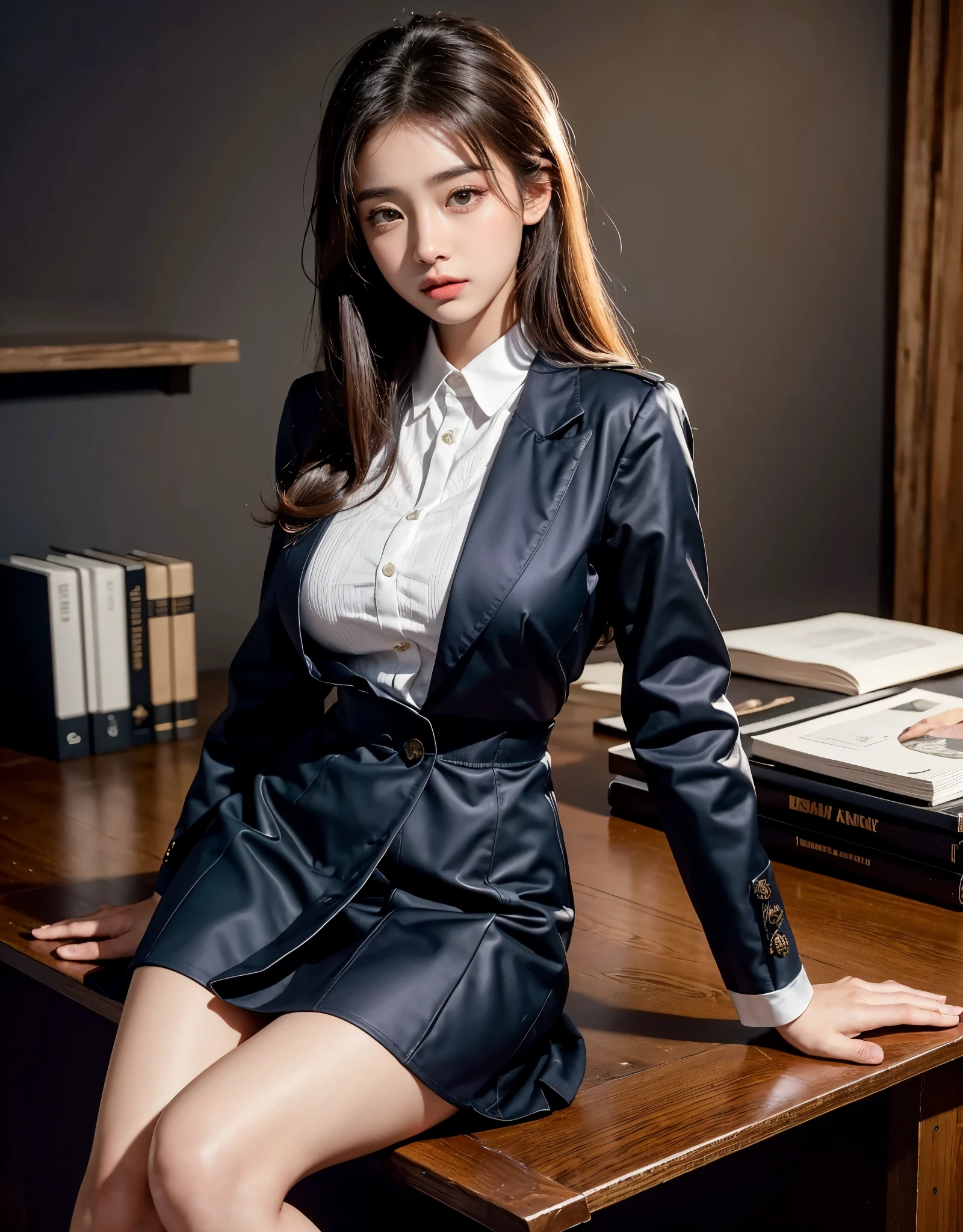8k, highest quality, ultra detailed:1.37), Eliana, ((18 years)), a beautiful Asian girl, ((proudly stands in a military uniform)), representing her role as a soldier, ((She wears a fitted Purple dress)), The high-resolution image captures ultra-detailed realism, highlighting Eliana's determined expression, piercing eyes, and confident stance. The backdrop showcases an forest, adding to the authenticity and significance of the image. This visually striking representation showcases Eliana's strength and dedication as a soldier, cute knees, ((Lake)), ((Pine trees)), ((Detailed face)), ((Perfect body figure)), ((Detailed hair)), ((Detailed Dress)), 