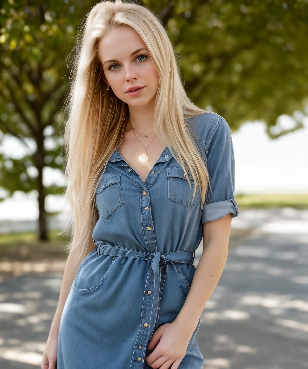 American Beauty、drooping eyes、standing position、from head to waist、blonde、real、Beautiful Hada、