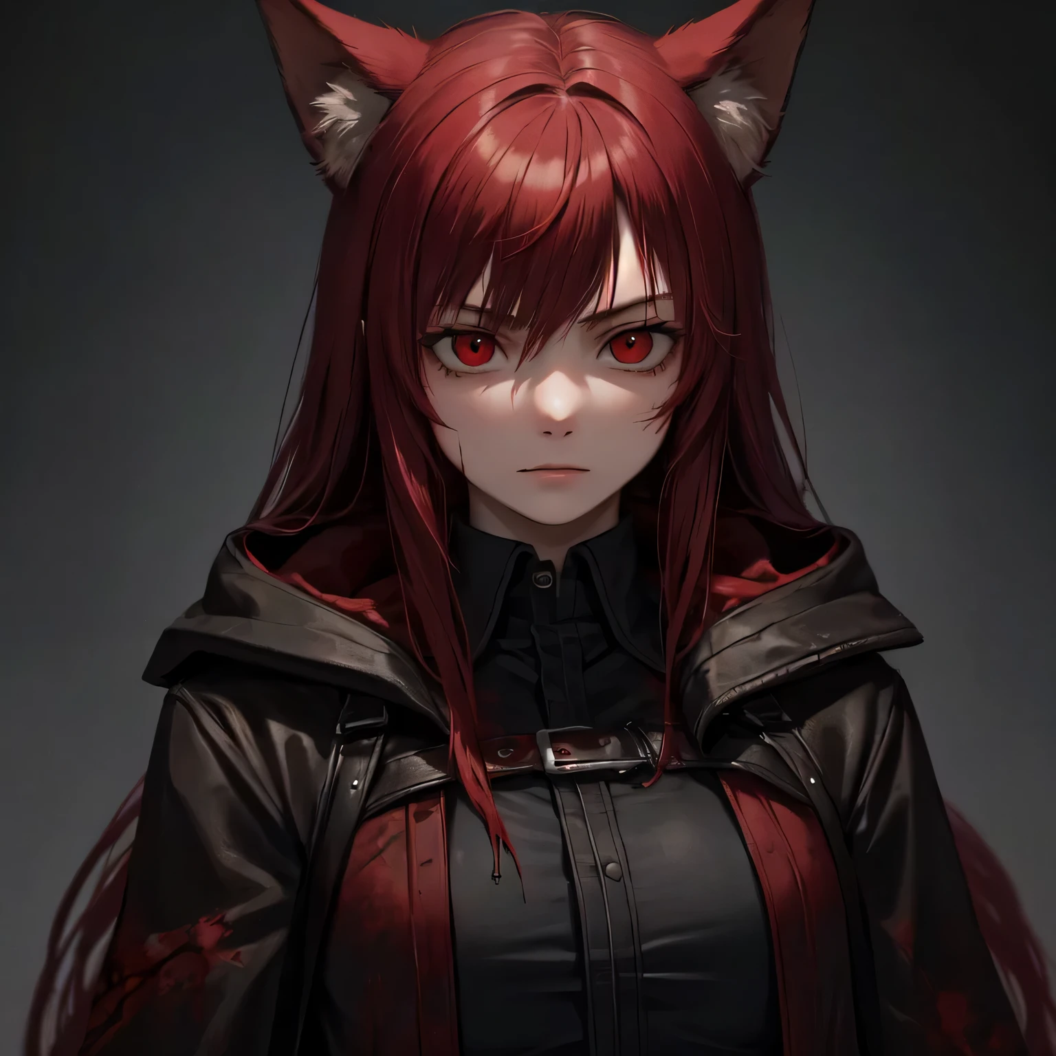 (best quality,realistic:1.2),young girl with bloody and vicious appearance,-yeld bl-soaked assassin,beautiful detailed red eyes and red hair,sharp red fox ears,blood stains on face and clothes,wearing a black trench coat and cloak,Van Helsing style.