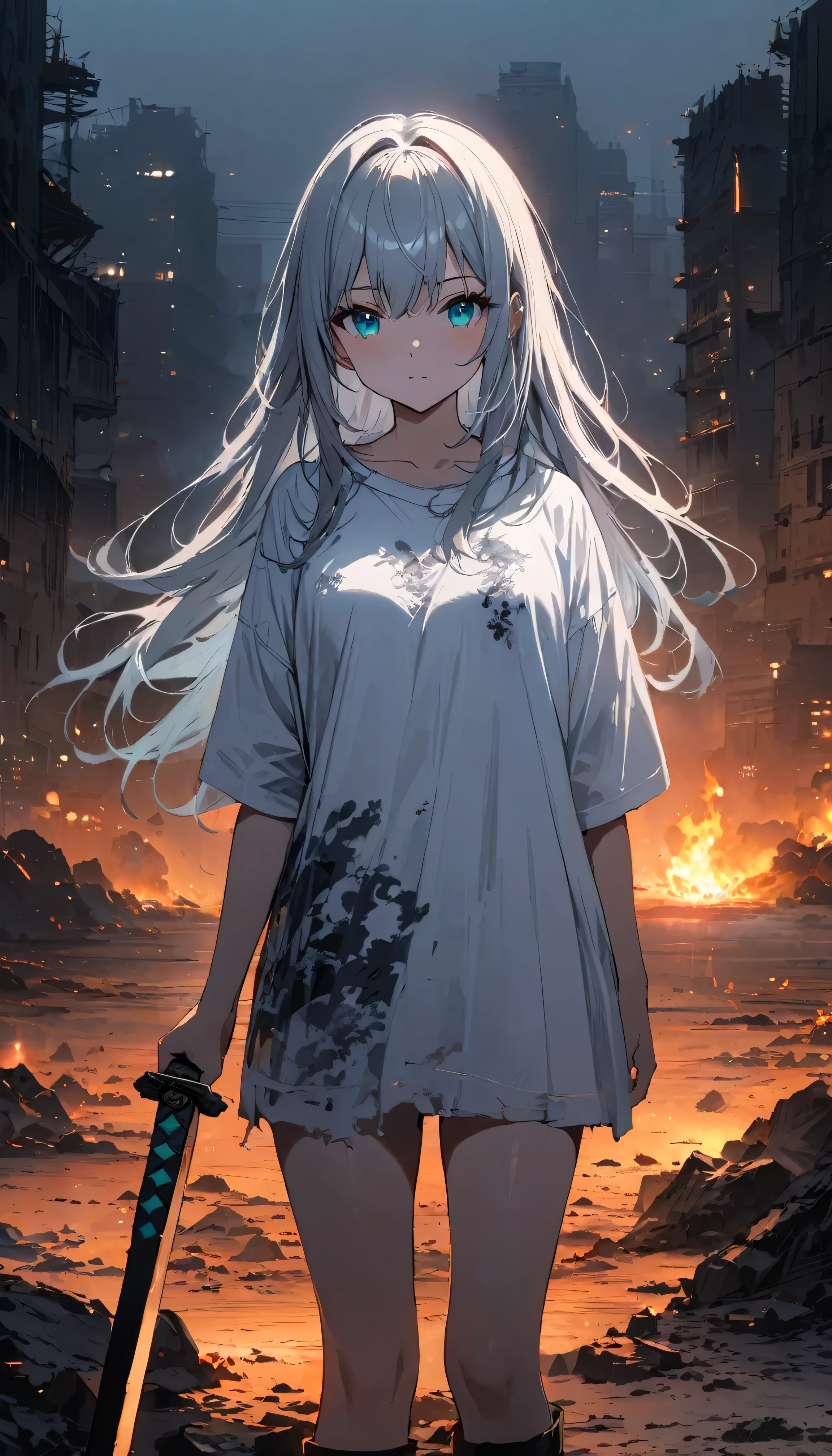 Resolution full, best quality, masterpiece, full HD, beautifull girl, foggy theme, super detailed, 1girl, cute girl, long hair, silver hair, detailed beautiful Aqua eyes, white T - shirt oversized, in wasteland, night time. in burning city and destroyed city. holding glowing katana, shadows surroundings girl, has a lighting power,