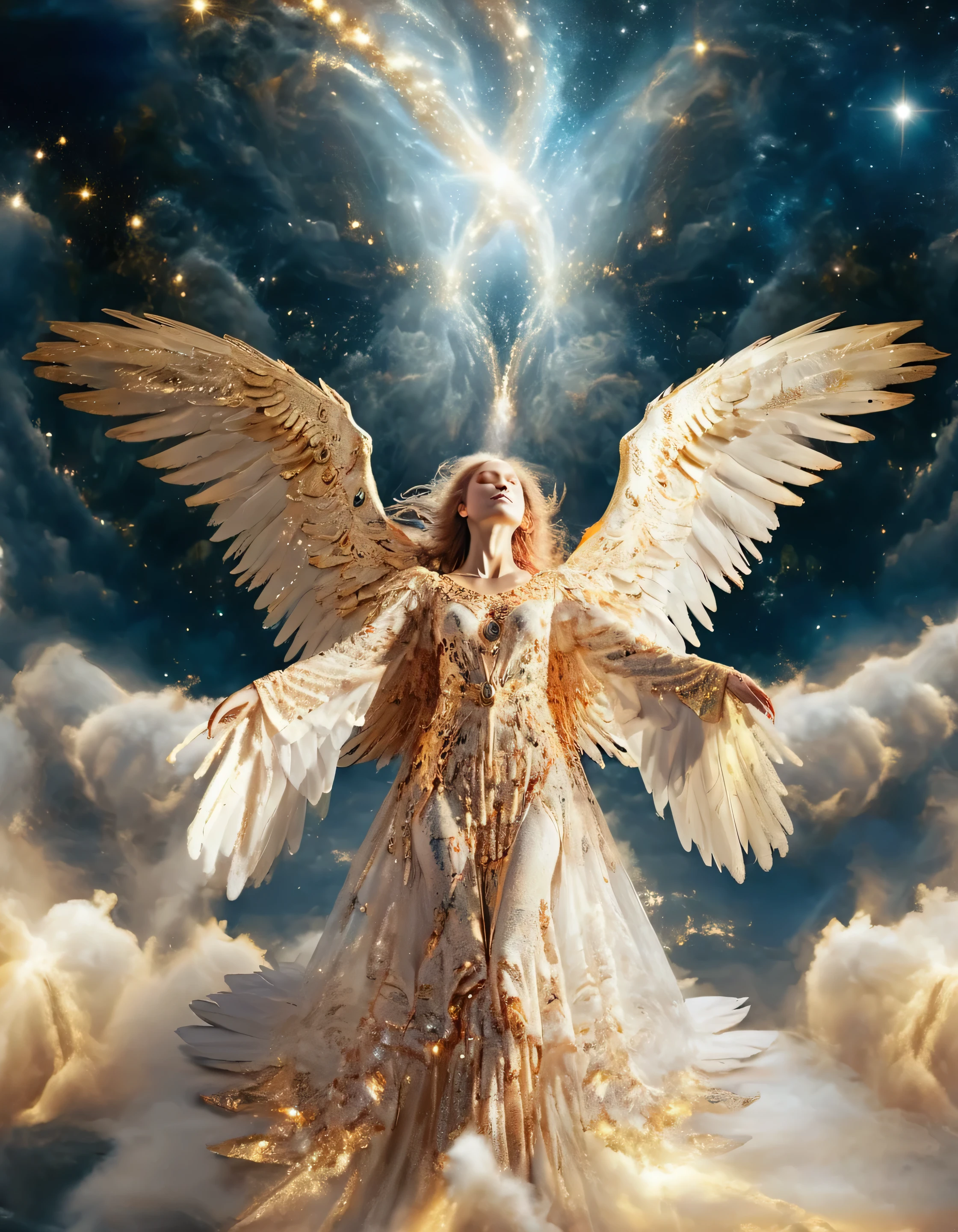 detailed-face photo, angel (woman) flying in night sky, golden|cosmic heaven, long feather dress night-sky, feather wings, mist cosmic galactic fractals detailed-face, biblically accurate angel, beautiful angelic creature, masterpiece, bokeh, realistic, detailed high saturation      