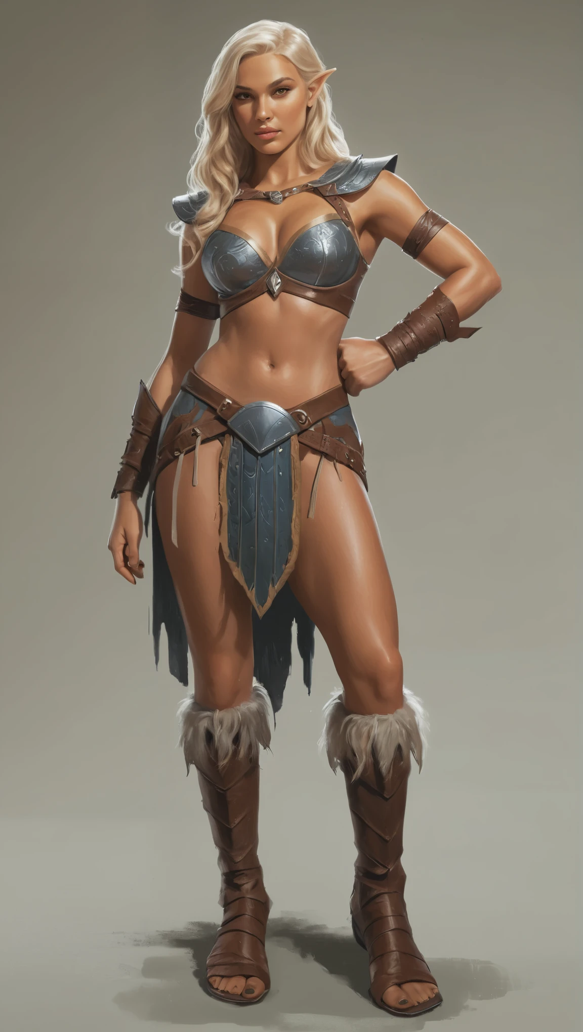 An illustrated movie poster, hand-drawn, full color, a teenage elven girl, wearing a bodice, sun-tanned complexion, very tall, athletic body, hourglass figure, curvy, slightly chubby, bottom-heavy, generous hips, massive bubble-butt, long legs, ridiculously thick powerful thighs, amber brown eyes, long pointy elf ears, platinum blonde hair, long loose waves, posing on a pedestal, wet glistening skin, hard shadows, graphite shading, stencil marks, airbrushed acrylic paint, masterpiece, in the style of Conan the Barbarian