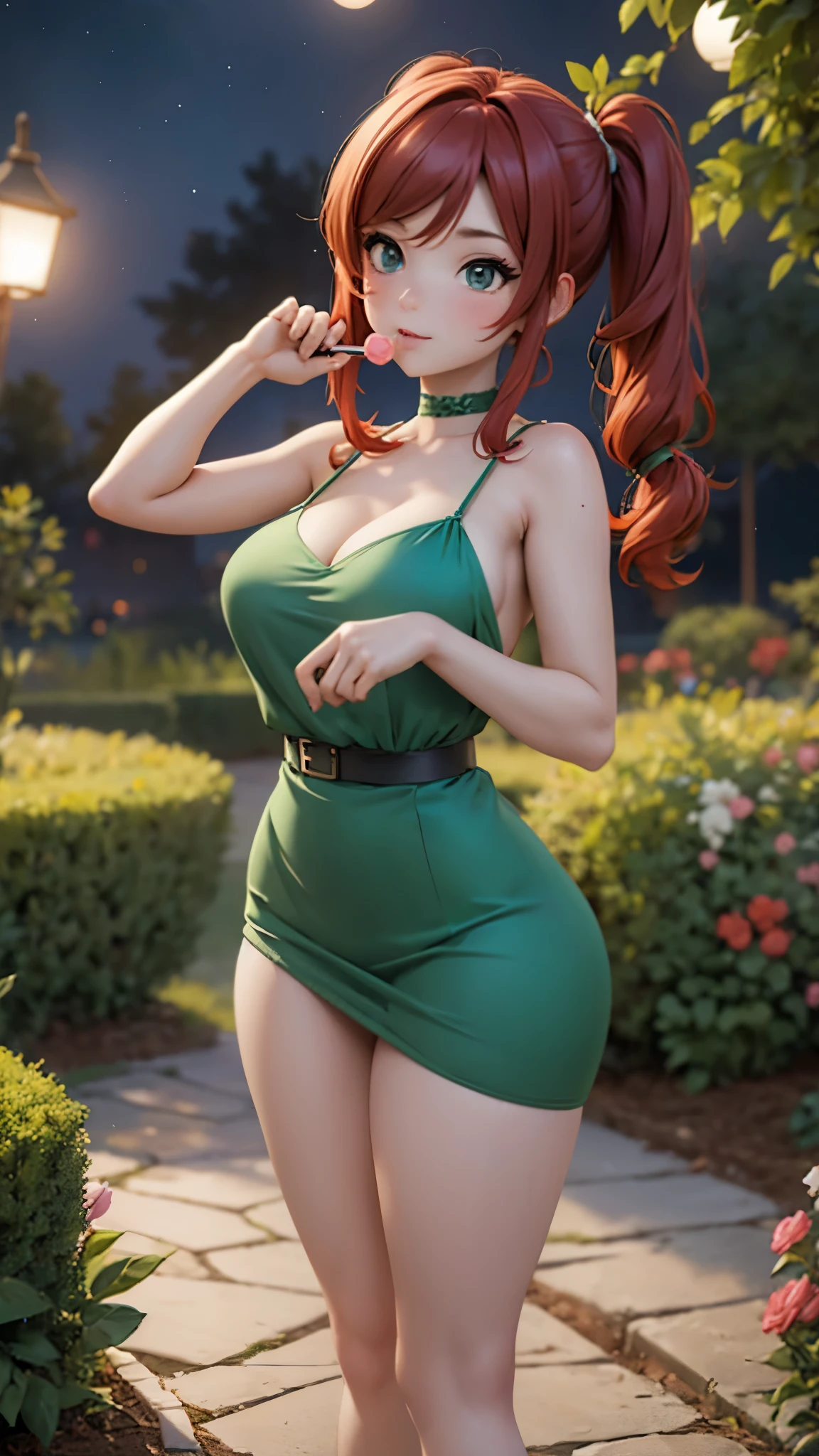 Girl brunette girl, red hair and pigtails, green elegant dress, sucking a lollipop, well-endowed, well-proportioned legs, NSFW, incredibly attractive. Busty. Big ass. Background garden in the night. Full body. Long legs