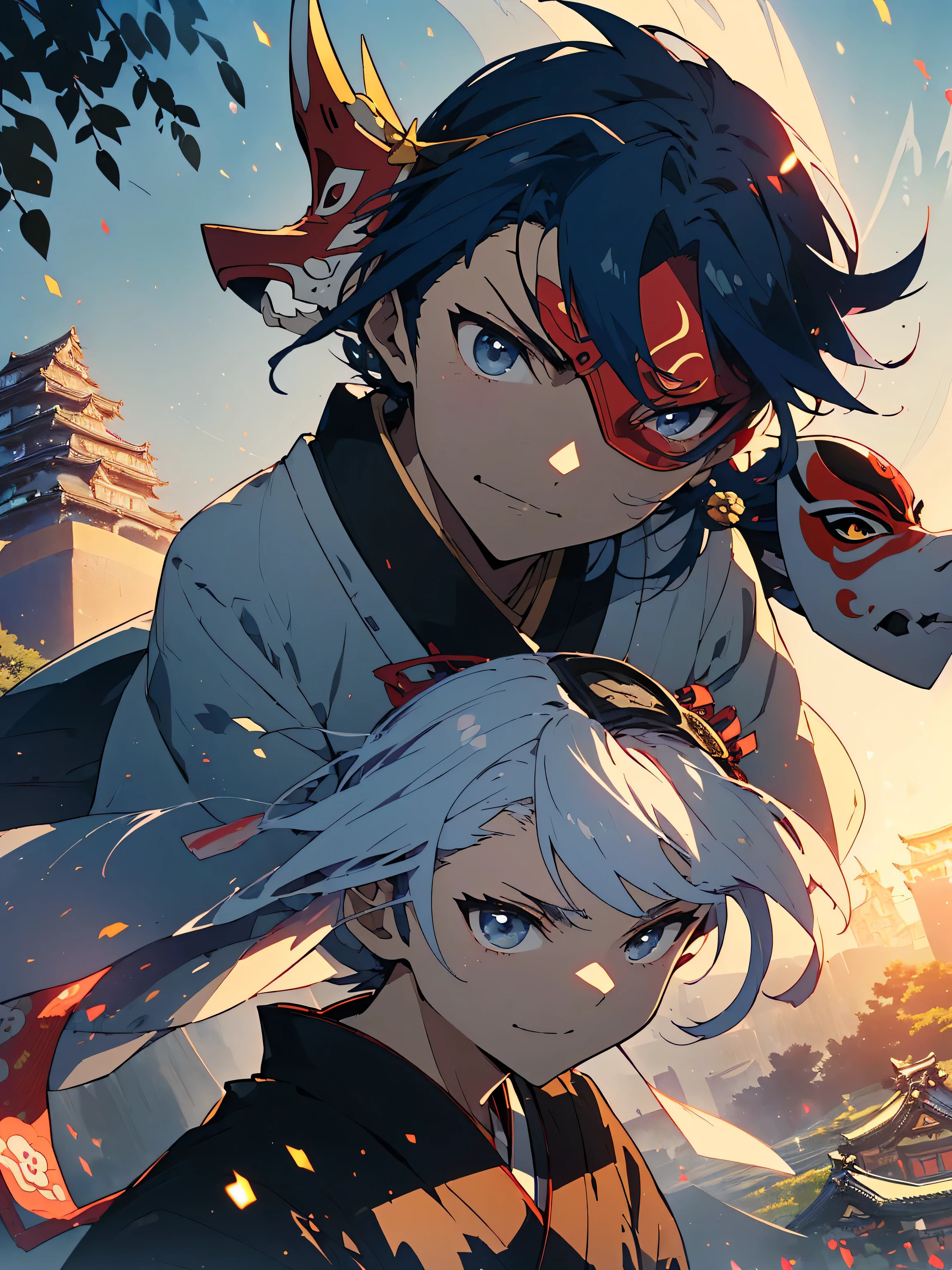 (highest quality、masterpiece、High resolution、become familiar with), (1 young man:1.9), (shining eyes、detailed beautiful face)、(Handsome guy:1.8)、(dark blue hair、short hair:1.8、messy hair:1.3、short ponytail:1.7)、outstanding style、(Black and gold jingbaori:1.7)、(tengu-geta:1.8)、(katana:1.9)、(Tall 1.5)、(Tengu mask on head:1.9)、(Japanese style castle:1.8)、spring landscape、Edo Period、smile、(Japanese castles and spring theme)、(beautiful anime:1.6)