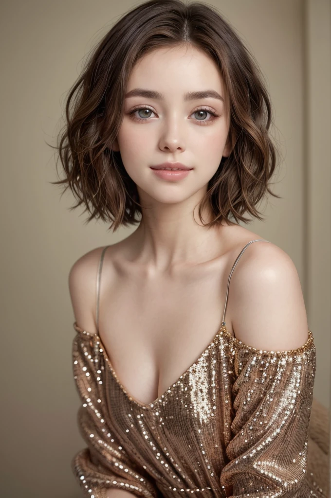 labios ligeramente abiertos, sonrisa ligera, a woman with a short haircut wearing a sequinned dress, portrait sophie mudd, gorgeous young model, gorgeous kacey rohl, portrait of a beautiful model, soft portrait shot 8 k, 7 0 mm portrait, soft and intricate, inspired by Elizabeth Polunin, short brown hair and large eyes, with short hair, editorial portrait, wavy shoulder-length hair
