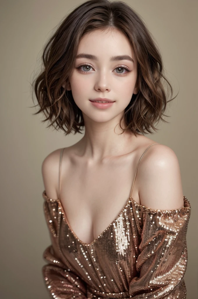 labios ligeramente abiertos, sonrisa ligera, a woman with a short haircut wearing a sequinned dress, portrait sophie mudd, gorgeous young model, gorgeous kacey rohl, portrait of a beautiful model, soft portrait shot 8 k, 7 0 mm portrait, soft and intricate, inspired by Elizabeth Polunin, short brown hair and large eyes, with short hair, editorial portrait, wavy shoulder-length hair