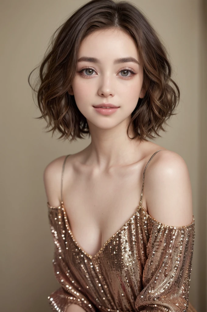 labios ligeramente abiertos, sonrisa ligera, a woman with a short haircut wearing a sequinned dress, portrait sophie mudd, gorgeous young model, gorgeous kacey rohl, portrait of a beautiful model, soft portrait shot 8 k, 7 0 mm portrait, soft and intricate, inspired by Elizabeth Polunin, short brown hair and large eyes, with short hair, editorial portrait, wavy shoulder-length hair