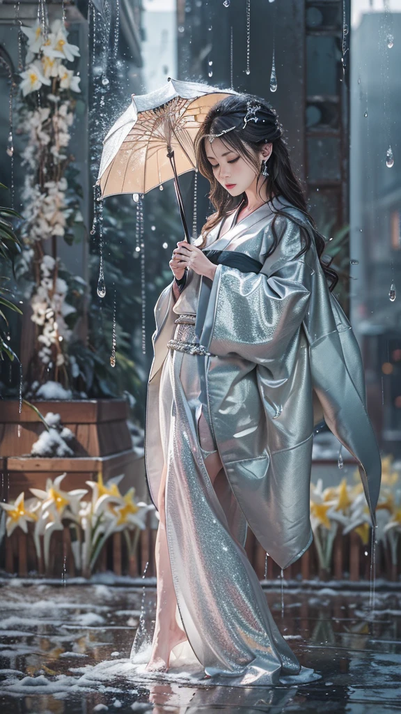 (RAW shooting:1.5, Photoreal, 8K, highest quality, masterpiece, ultra high resolution), (((heavy snow, Blizzard))), Highly detailed skin and facial textures:1.3, perfect dynamic composition:1.2, (In front of a shrine at night in a modern city, expression of sadness:1.0, Tears are flowing:1.0, cry with a broken heart:1.0), Slim office lady wet in the rain:1.2, cowboy shot, Fair skin:1.2, sexy beauty:1.1, perfect style:1.2, beautiful and aesthetic:1.1, very beautiful face:1.2, water droplets on the skin, (rain drips all over my body:1.2, wet body:1.2, wet hair:1.3), (Professional kimono dressing:1.1, Holding a bouquet of wet daffodils:1.2, Wearing a wet silver kimono correctly:1.3), (Medium chest, Bra is sheer, Chest gap), (Big eyes that exude beautiful eroticism:0.8, adult charm:0.8, Bewitching:0.8), necklace, earrings, bracelet, wedding ring, Highly detailed and accurate hand and finger representation