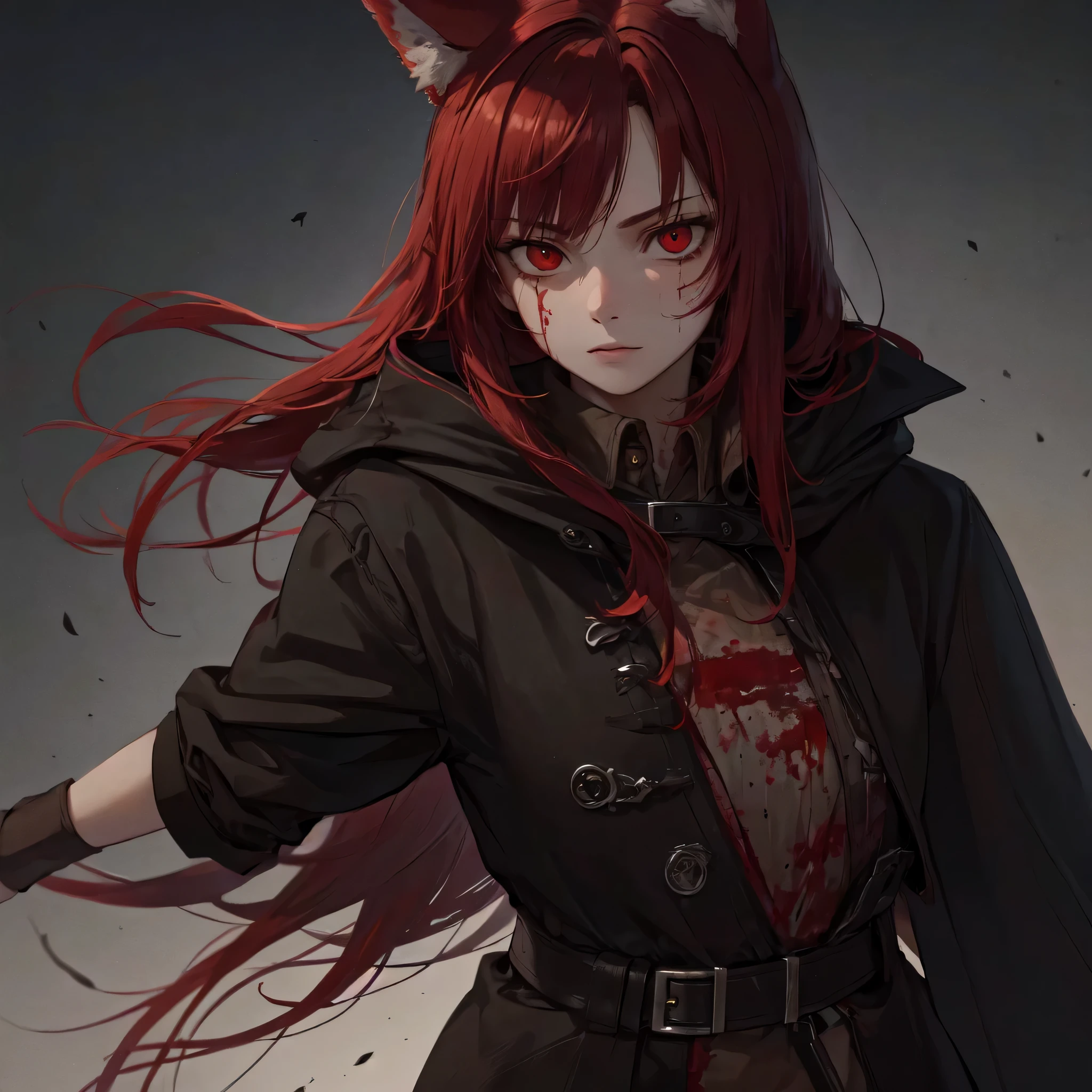 (best quality,realistic:1.2),young girl with bloody and vicious appearance,16-year-old blood-soaked assassin,beautiful detailed red eyes and red hair,sharp red fox ears,blood stains on face and clothes,wearing a black trench coat and cloak,Van Helsing style.