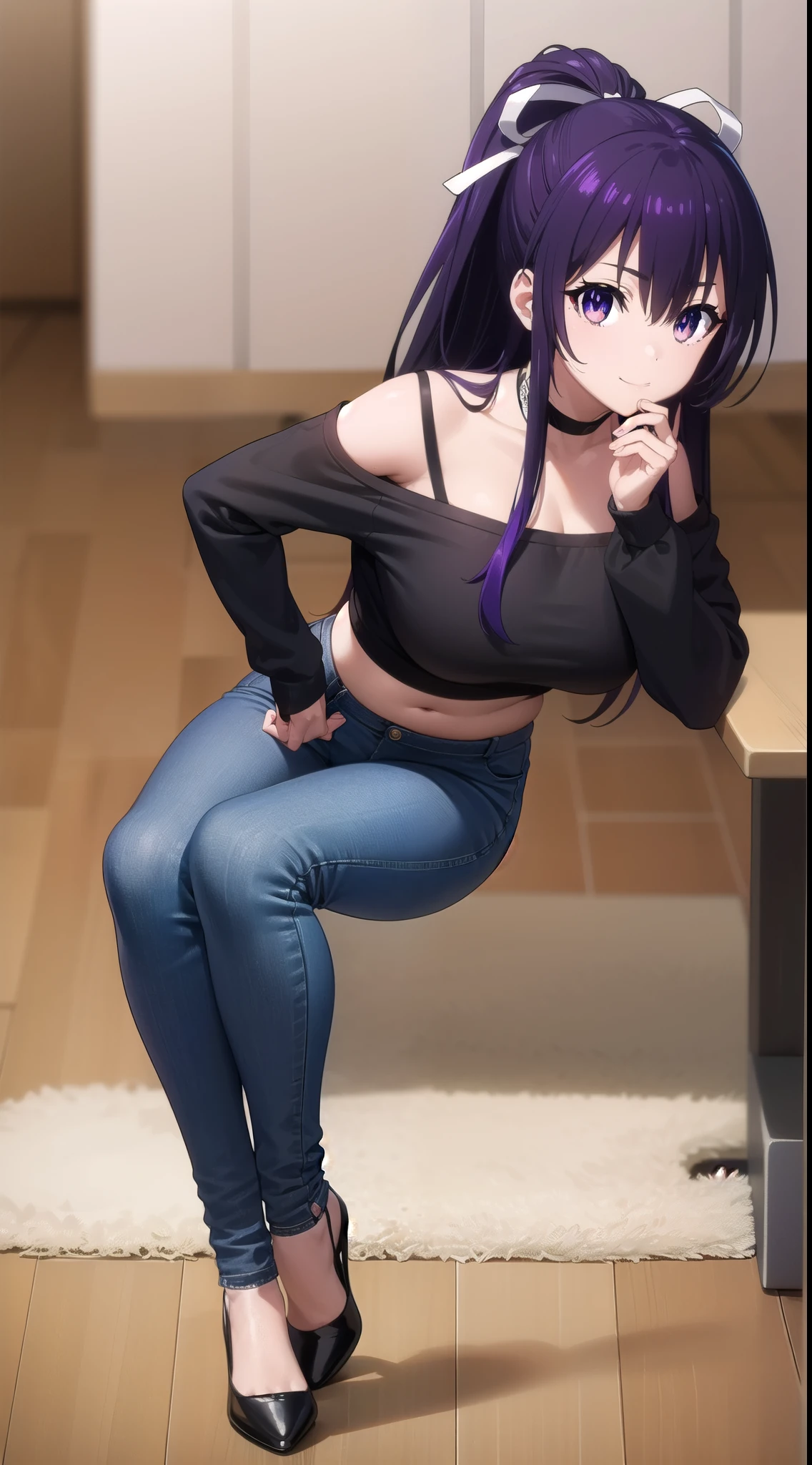 tohkayatogami, tohka yatogami casual, long hair, purple hair, alluringly smile, sweater crop top, white top, long sleeves, v neck, fabric choker, jeans , torn jeans, tight jeans (purple eyes:1.1), hair ribbon, ponytail, purple hair, white ribbon,g cup breasts, plump butt , low heels 
BREAK ,
BREAK indoors, office, alone, sitting, sitting on table, hand on cheek , low heels, white ribbon 
BREAK looking at viewer, elegant poses, cheeks rest, confident, full body view, head to toe view, create bit distance 
BREAK (masterpiece:1.2), best quality, high resolution, unity 8k wallpaper, (illustration:0.8), (beautiful detailed eyes:1.6), extremely detailed face, perfect lighting, extremely detailed CG, (perfect hands, perfect anatomy),