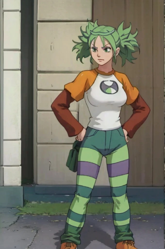 Masterpiece, best quality, 1girl, solo, raglan sleeves, long sleeves, striped pantyhose, hands on hips, angry, Rhea, green hair
