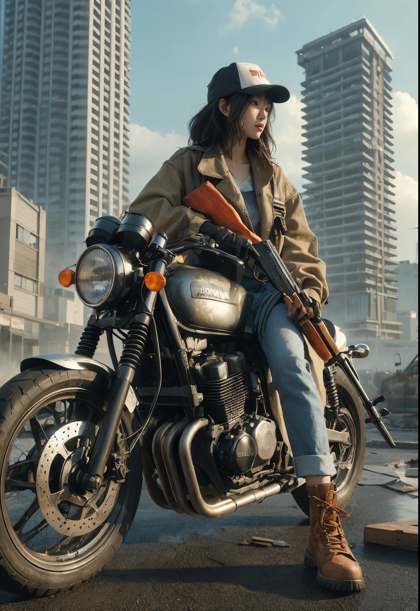 8K,realistic photo、realistic skin texture、A beautiful Japanese woman living in America rides a Honda motorcycle、Dirty long coat、Shotgun sling on shoulder、baseball cap、high cut sneakers、Debris-strewn downtown、sunny、cool composition、