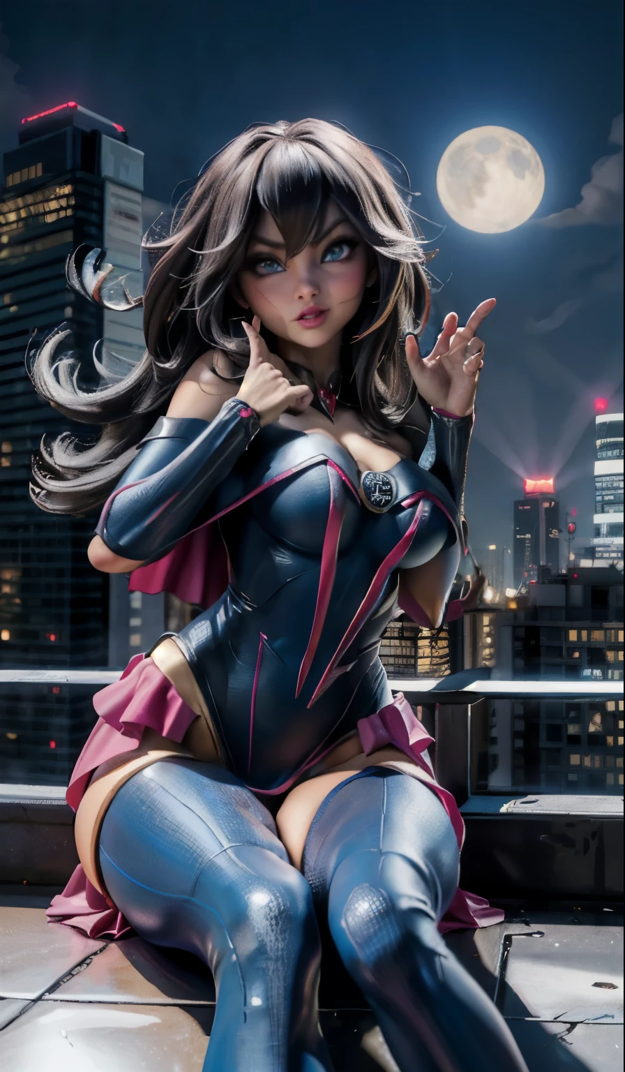 Dark magician gils spiderman version (obra maestra, 4K resolution, ultrarrealista, Muy detallado), (White superhero theme, charismatic, hay una chica en la cima de la ciudad, vistiendo disfraz de Spider-Man, she is a superhero), [ ((25 years), (pelo largo y rubio:1.2), cuerpo completo, (blue eyes:1.2), ( saltando de un edificio a otro), ((entorno urbano arenoso):0.8)| (paisaje urbano, por la noche, dynamic lights), (Luna llena))] # Explanation: The message mainly describes a 4K ultra high definition painting., Muy realista, Muy detallado. Shows a superheroine on top of the city., vistiendo un disfraz de Spider-Man. The theme of the painting is a superhero theme. Pose sensual y inocente 