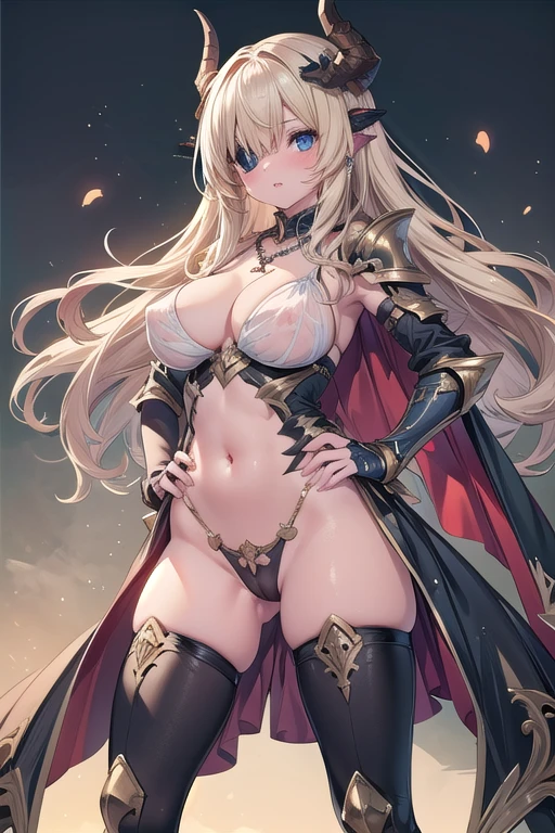 (masterpiece), best quality,1girl breasts solo blonde-hair helmet armor see-through navel nipples cross gauntlets long-hair parted-lips huge-breasts covered-nipples covered-eyes large-breasts necklace revealing-clothes jewelry hand-on-hip shoulder-armor pussy standing thighhighs boots pauldrons cleavage pubic-hair thighs cape weapon fake-horns ass-visible-through-thighs female-pubic-hair cross-necklace