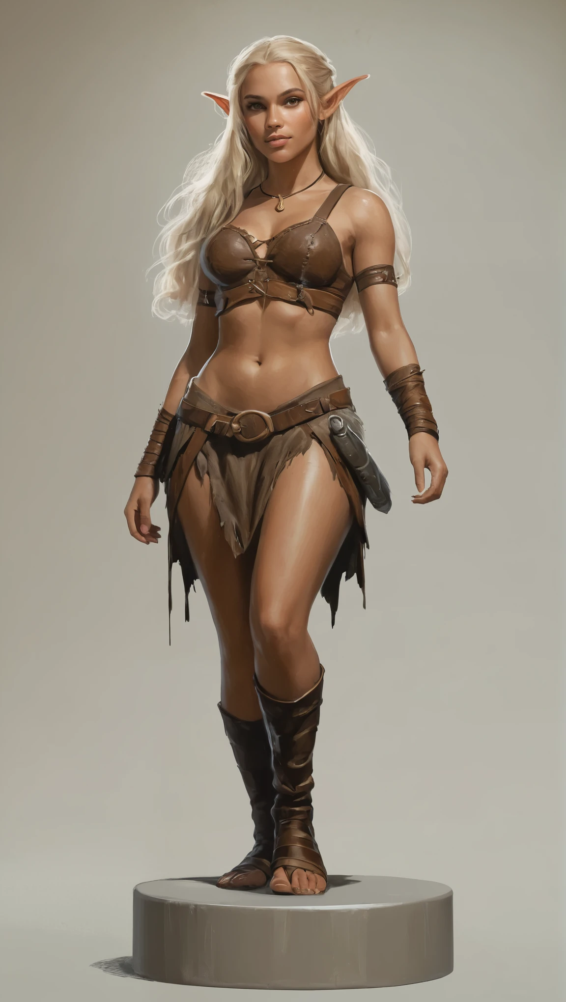 An illustrated movie poster, hand-drawn, full color, a teenage elven girl, wearing a bodice, sun-tanned complexion, very tall, athletic body, hourglass figure, curvy, slightly chubby, bottom-heavy, generous hips, massive bubble-butt, long legs, ridiculously thick powerful thighs, amber brown eyes, long pointy elf ears, platinum blonde hair, long loose waves, posing on a pedestal, wet glistening skin, hard shadows, graphite shading, stencil marks, airbrushed acrylic paint, masterpiece, in the style of the Witcher 