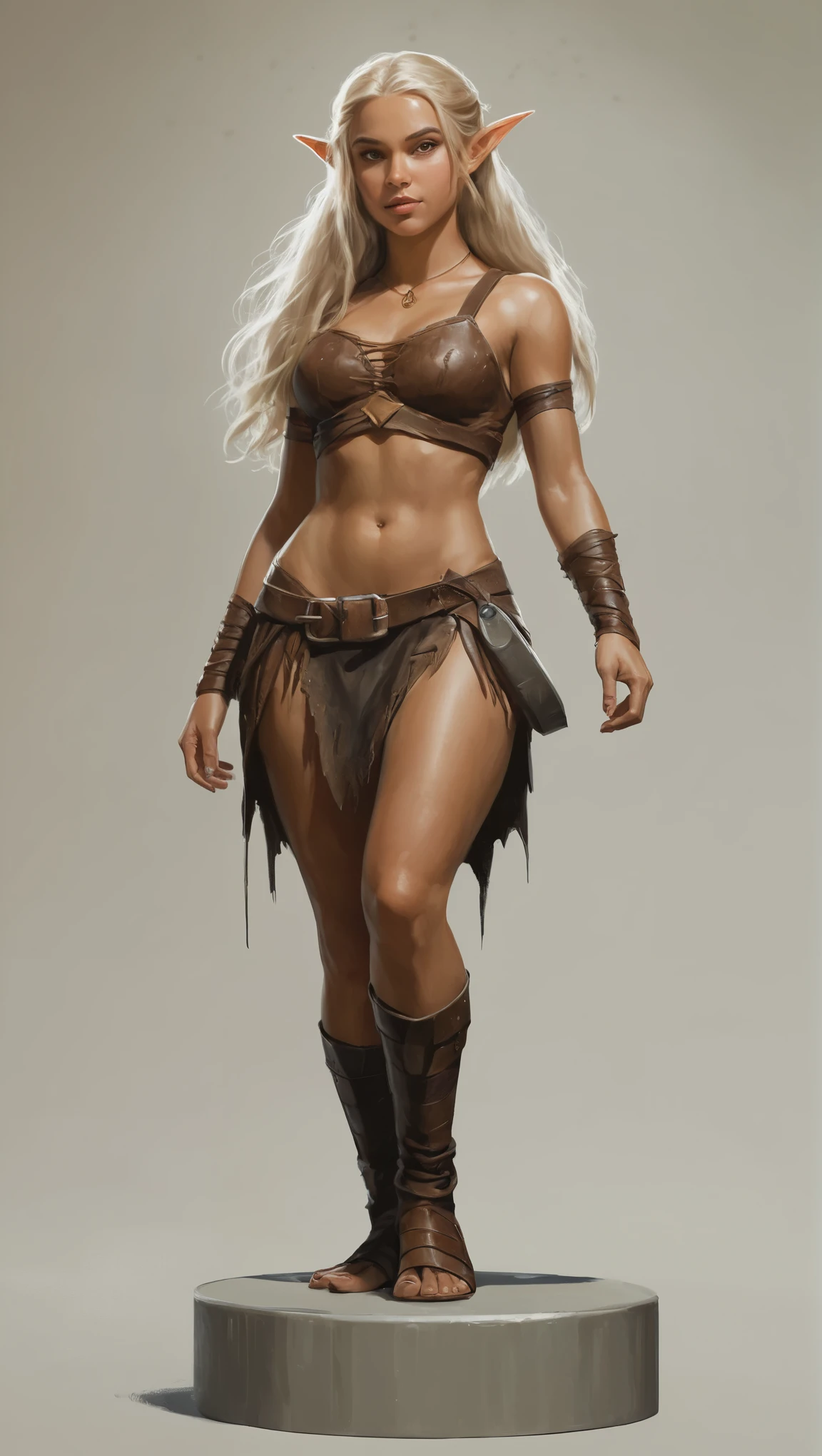 An illustrated movie poster, hand-drawn, full color, a age elven girl, wearing a ratty tunic, sun-tanned complexion, very tall, athletic body, hourglass figure, curvy, slightly chubby, bottom-heavy, generous hips, massive bubble-butt, long legs, ridiculously thick powerful thighs, amber brown eyes, long pointy elf ears, platinum blonde hair, long loose waves, posing on a pedestal, wet glistening skin, hard shadows, graphite shading, stencil marks, airbrushed acrylic paint, masterpiece, in the style of Conan the Barbarian
