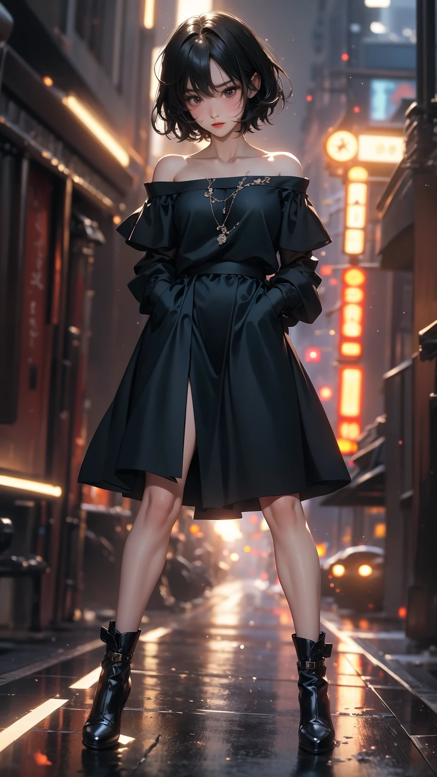 ((Highly detailed CG unit 8k wallpaper, masterpiece, High resolution, highest quality, highest qualityのリアルテクスチャスキン)), ((Hands in pockets pose:1.5, fashion pose:1.2, A cool NY fashion girl influenced by nostalgic and inorganic mode fashion., detailed costume:1.4, fine embroidery, Off-the-shoulder drop shoulder shirt and solid high waist draped skirt:1.3, Asymmetrical short hair, Nana Komatsu)), (((blurred background, An empty back alley in New York))), Close-up, hyper realistic, digital painting, concept art,
