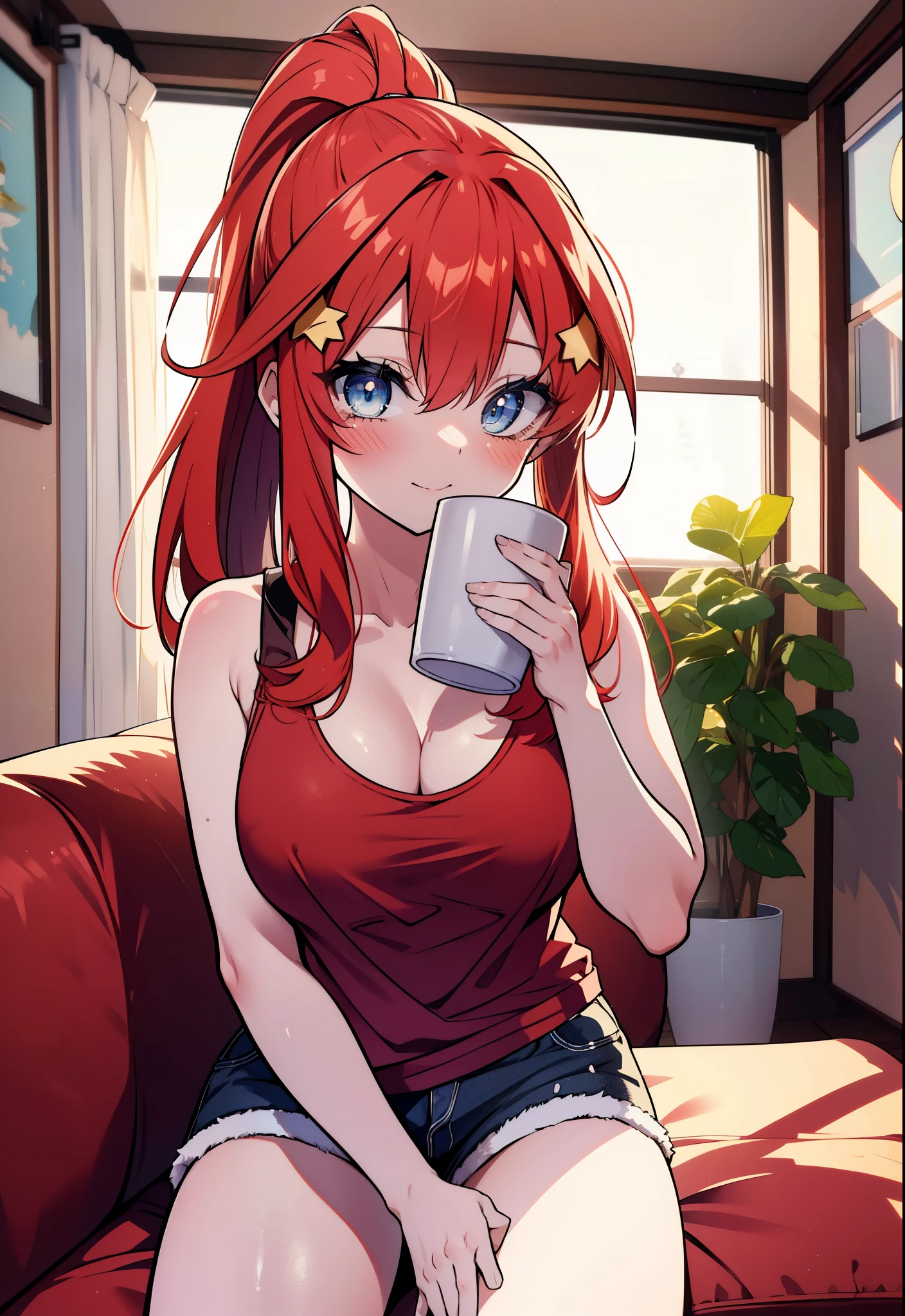 itsukinakano, itsuki nakano, bangs, blue eyes, hair between eyes, Ahoge, redhead, ponytail,big breasts,Red tank top shirt,sleepy,blush,smile,shorts,barefoot,sitting on the sofa,Holding a coffee mug in both hands,morning,morning日,ビルの間から太陽が登っている
break indoors, living,
break looking at viewer, (cowboy shot:1.5),
break (masterpiece:1.2), highest quality, High resolution, unity 8k wallpaper, (figure:0.8), (detailed and beautiful eyes:1.6), highly detailed face, perfect lighting, Very detailed CG, (perfect hands, perfect anatomy),