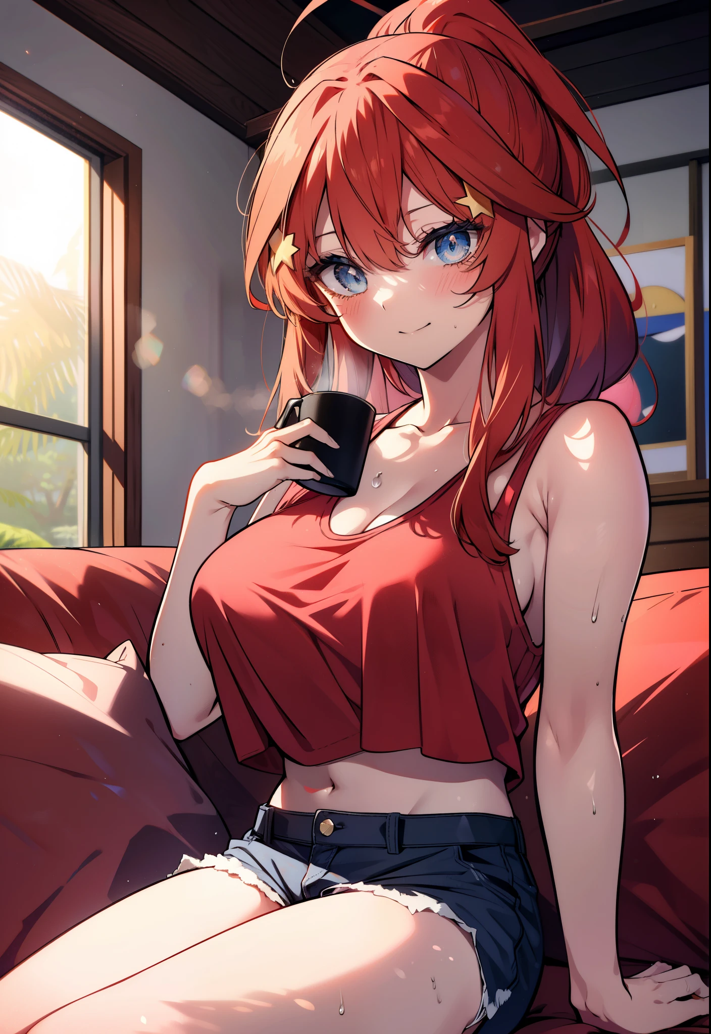 itsukinakano, itsuki nakano, bangs, blue eyes, hair between eyes, Ahoge, redhead, ponytail,big breasts,Red tank top shirt,sleepy,blush,smile,shorts,barefoot,sitting on the sofa,Holding a coffee mug in both hands,morning,morning日,ビルの間から太陽が登っている
break indoors, living,
break looking at viewer, (cowboy shot:1.5),
break (masterpiece:1.2), highest quality, High resolution, unity 8k wallpaper, (figure:0.8), (detailed and beautiful eyes:1.6), highly detailed face, perfect lighting, Very detailed CG, (perfect hands, perfect anatomy),