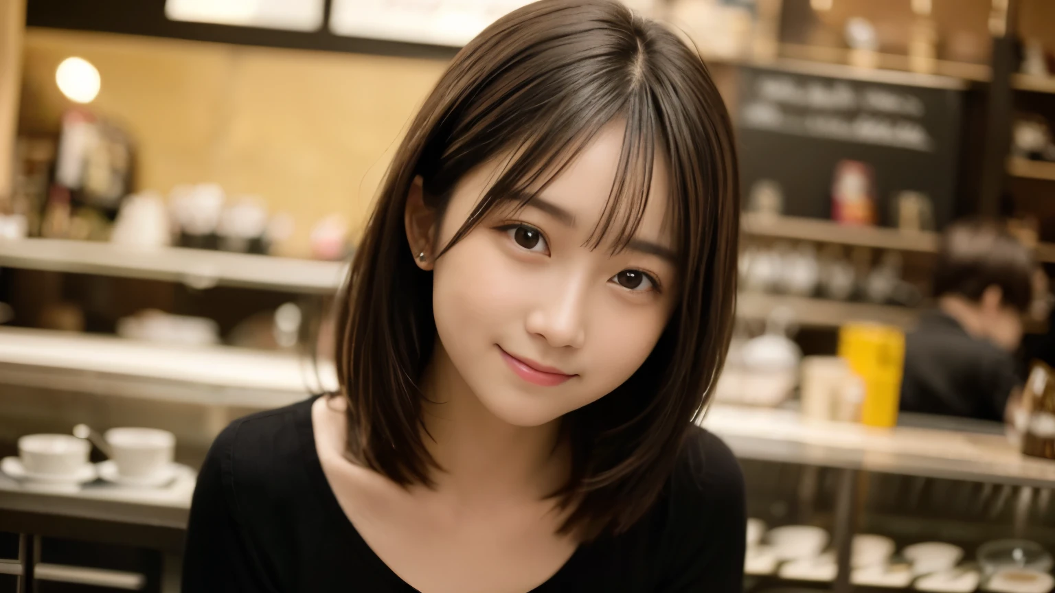 masterpiece, best quality, 8k, disorganized person, (Upper body:1.4), stylish cafe,tight knit, beautiful girl, pretty face, looking at the viewer, smile, super realistic, high resolution, picture, sharp focus, HDR, face light, dynamic lighting, movie lighting, professional shadow, beautiful cafe background, best details, very detailed, Super detailed, finely, real skin, delicate facial features, detailed face and eyes, sharp pupils、real students