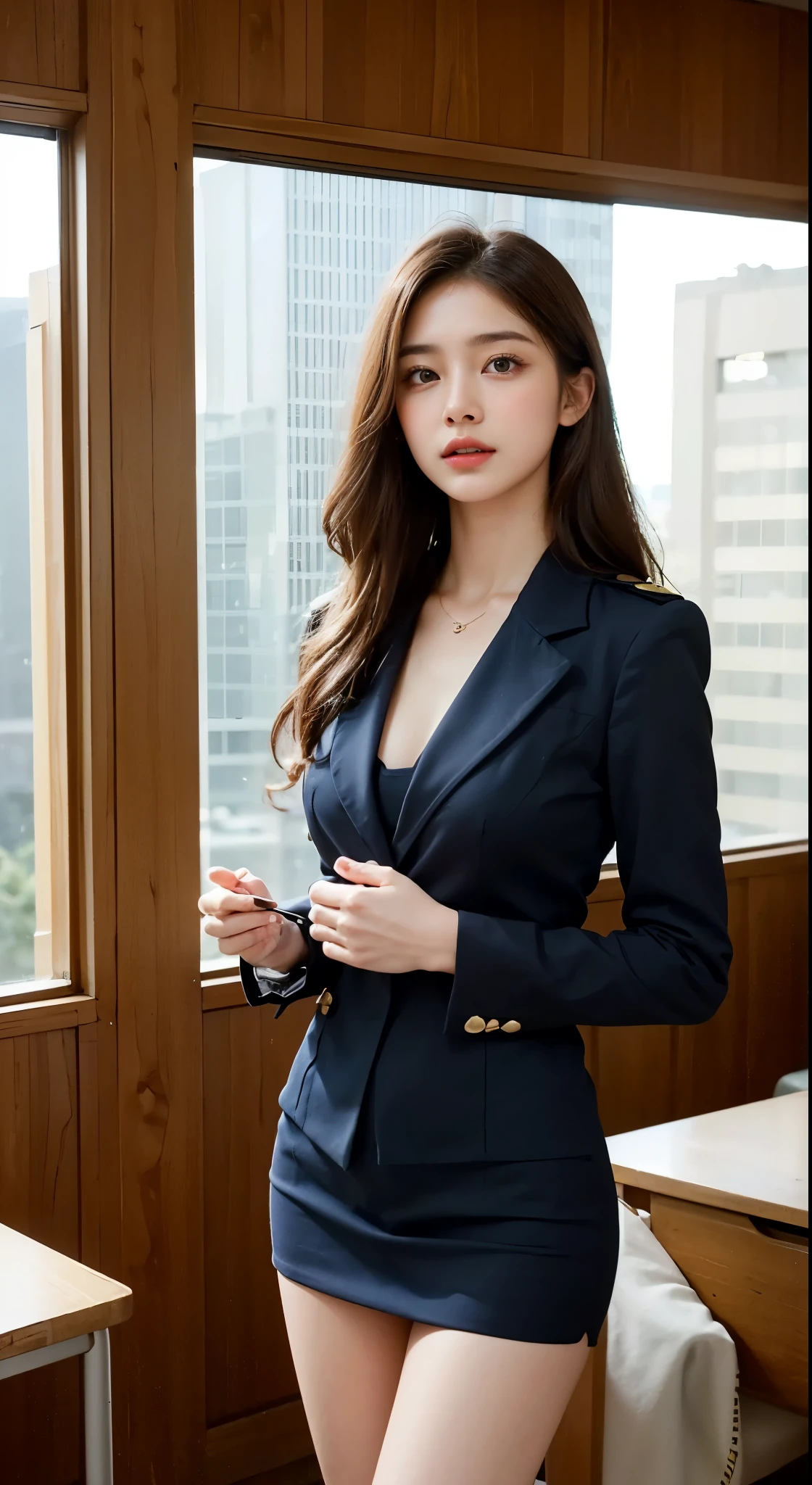 8k, highest quality, ultra detailed:1.37), Eliana, ((18 years)), a beautiful Asian girl, ((proudly stands in a military uniform)), representing her role as a soldier, ((She wears a fitted Purple dress)), The high-resolution image captures ultra-detailed realism, highlighting Eliana's determined expression, piercing eyes, and confident stance. The backdrop showcases an forest, adding to the authenticity and significance of the image. This visually striking representation showcases Eliana's strength and dedication as a soldier, cute knees, ((Lake)), ((Pine trees)), ((Detailed face)), ((Perfect body figure)), ((Detailed hair)), ((Detailed Dress)),