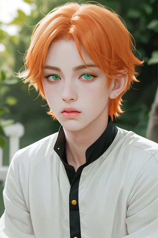 Masterpiece, ultra-detailed, Anime boy, pouty lips, long layered orange hair, light green eyes, white clothes, white prince outfit, one black cat in circle, simple yet elegant design, white background with gold border, vectorised and silhouetted, full-HD and 8K professional sticker design, intricately detailed drawing with flat vector lines.