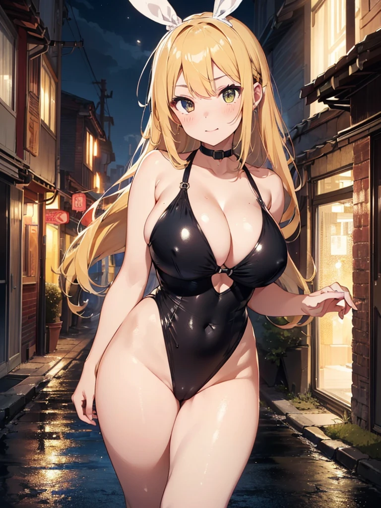 cute bunny girl,(((1girl))),((anime bunny girl with extremely cute and beautiful blonde hair walking seductively down the street)),(((bunny girl,anthro furry cute,bunny-girl))),(((bunny ears,bunny ears on head,big bunny ears))),
(large breasts:1.4),saggy breasts,(((blonde hair:1.35,colored inner hair,ear breathing,long hair))),((heterochromia,eye1 green eye2 orange,perfect eyes,upturned eyes:1.3,beautiful detailed eyes,finely detailed beautiful eyes:1,big highlight on eyes:1.2,slanted eyes)),((fat)),(((lustrous skin:1.5,bright skin: 1.5,skin tanned,shiny skin,very shiny skin,shiny body,plastic glitter skin,exaggerated shiny skin))),(spider lower abdomen,narrow waist,wide hip,athletic body,inflated legs,delicate detailed fingers,detailed body,detailed arms,human hands,(detailed face)),
cute,slutty,seductive,erotic,(((nsfw))),
(((slingshot swimsuit))),(((huge cleavage))),(detailed outfit,detailed clothes),
(dynamic pose:1.0),solo focus,embarrassed,centered,scale to fit dimensions,Rule of thirds,
outdoors,((night view)),(cyberpunk night street Background: 1.5,dark sky,alleyway, alley,thick clouds,detailed background:1.25),
(best quality),(high resolution),(sharp focus),(ultra detailed),(extremely detailed),(extremely high quality artwork),8k_wallpaper,(extremely detailed CG 8k),(very fine 8K CG),((hyper super ultra detailed perfect piece)),flawless,(((masterpiece))),illustration,vibrant colors,(intricate),High contrast,Selective lighting,Double exposure,HDR (High Dynamic Range),Post-processing,Background blur,