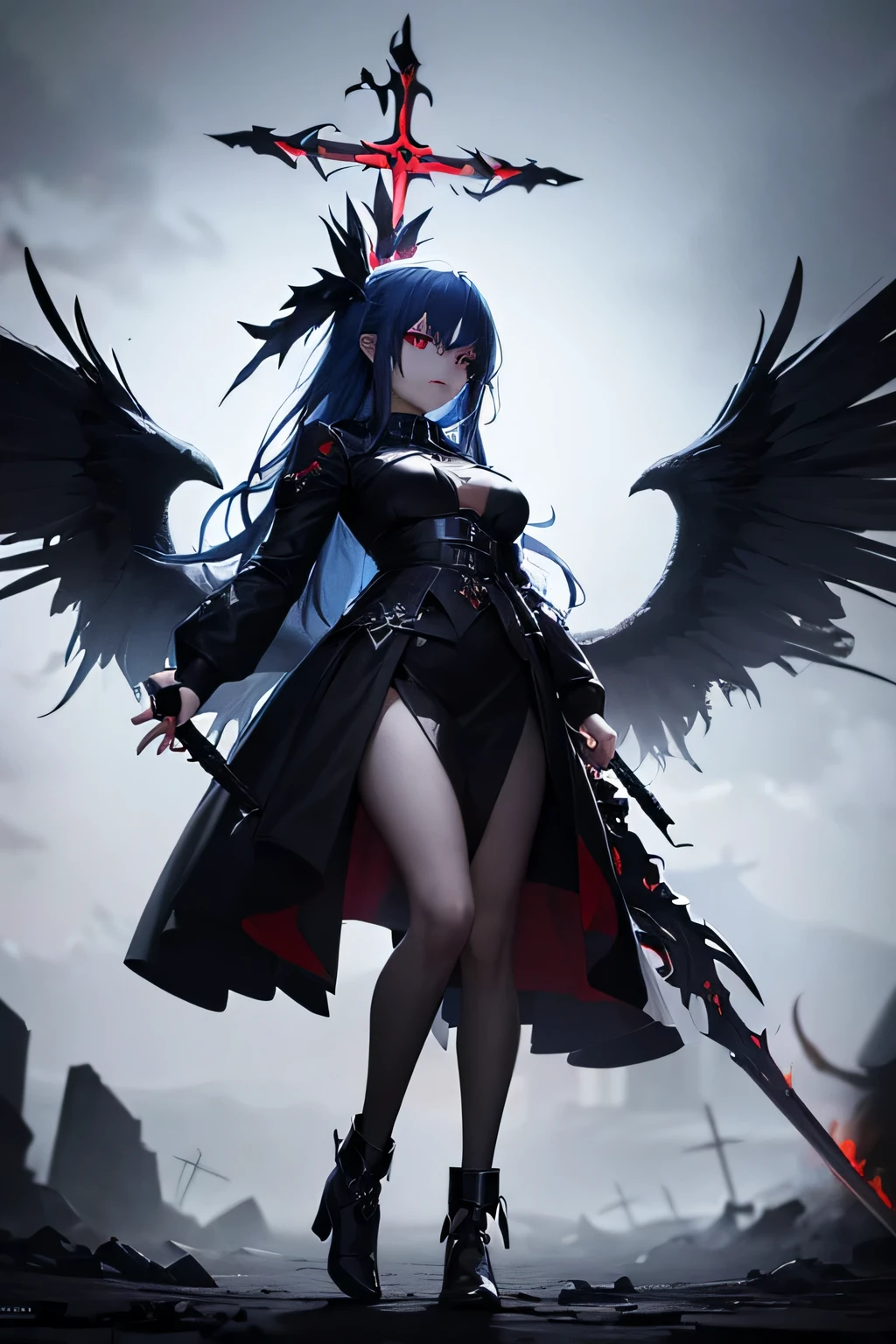 (dark,menacing:1.2),evil dark angel, (long blue hair:1.1), (red halo:1.1), (flaming sword:1.1) shaped like a cross, (dark fantasy:1.2), (red eyes:1.1), (black wings:1.1), (sinister aura:1.1), eerie atmosphere, (ominous shadows:1.1), (mysterious background:1.1), (intense lighting:1.1), (dramatic pose:1.1)