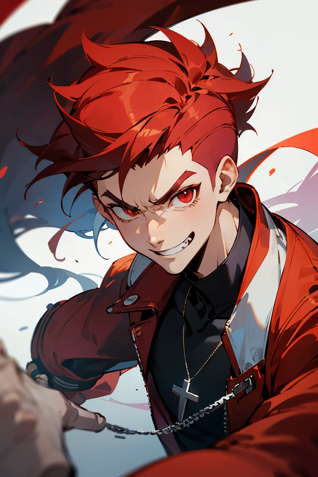 white teenager wearing wore an unzipped, bright red jacket with a closed pocket flap on each side. Black designer shirt, and a cross necklace. trigger anime artstyle, [[[[grinning smugly]]]], portrait of ((mischievous)), , male anime character, young anime man, inspired by Miguel from Tekken, tall anime guy with steel red eyes, fingerless gloves, evil lair, Hi-top fade