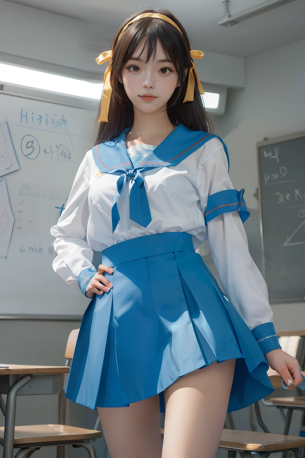 (masterpiece, highest quality, highest quality, beautiful and aesthetic), 1 girl, alone,  very detailed, most detailed,8k photo, realistic, Haruhi_surf, white long sleeve shirt and blue collar, micro mini skirt,blue skirt, red tie, yellow ribbon, pretty girl, spread your legs, show white panties,
looking at the viewer, Are standing,    small smile, huge breasts,   from below,classroom,