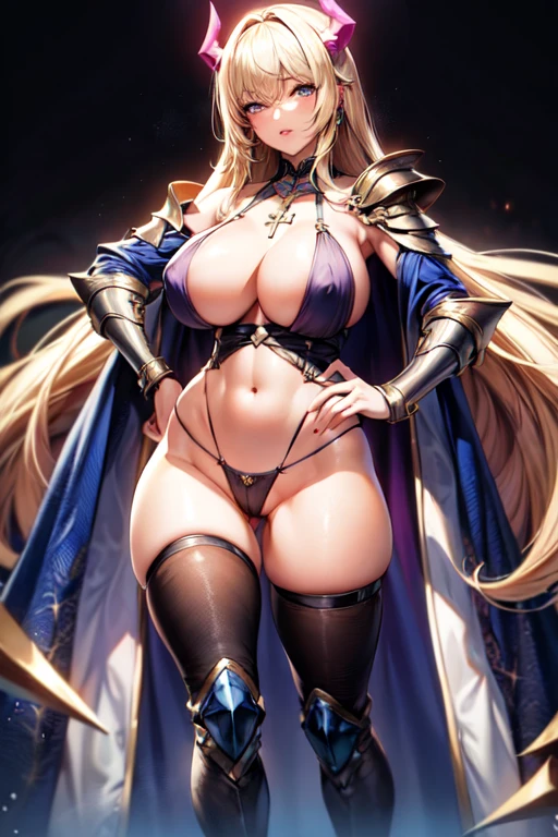 (masterpiece), best quality,1girl breasts solo blonde-hair helmet armor see-through navel nipples cross gauntlets long-hair parted-lips huge-breasts covered-nipples covered-eyes large-breasts necklace revealing-clothes jewelry hand-on-hip shoulder-armor pussy standing thighhighs boots pauldrons cleavage pubic-hair thighs cape weapon fake-horns ass-visible-through-thighs female-pubic-hair cross-necklace