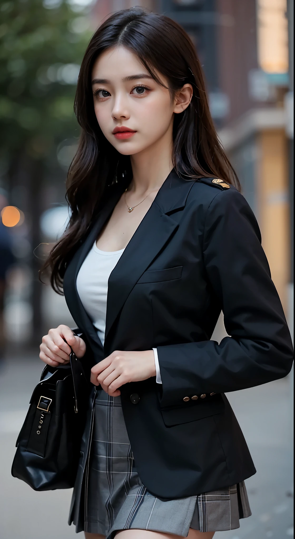 8k, highest quality, ultra detailed:1.37), Eliana, ((18 years)), a beautiful Asian girl, ((proudly stands in a military uniform)), representing her role as a soldier, ((She wears a fitted Purple dress)), The high-resolution image captures ultra-detailed realism, highlighting Eliana's determined expression, piercing eyes, and confident stance. The backdrop showcases an forest, adding to the authenticity and significance of the image. This visually striking representation showcases Eliana's strength and dedication as a soldier, cute knees, ((Lake)), ((Pine trees)), ((Detailed face)), ((Perfect body figure)), ((Detailed hair)), ((Detailed Dress)), 